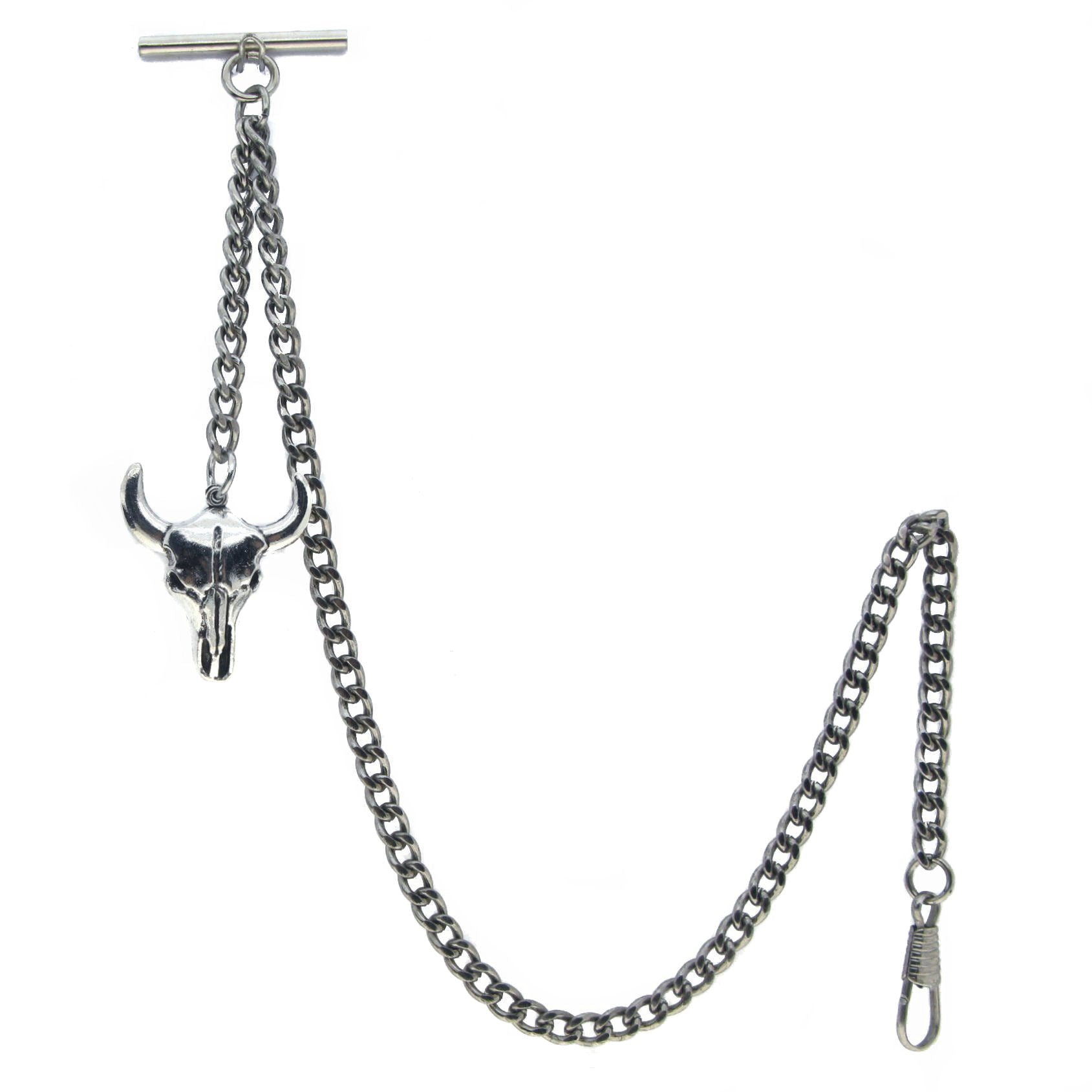 Albert Chain Silver Color Pocket Watch Chains for Men with Cow Skull Pendant Fob T Bar AC97