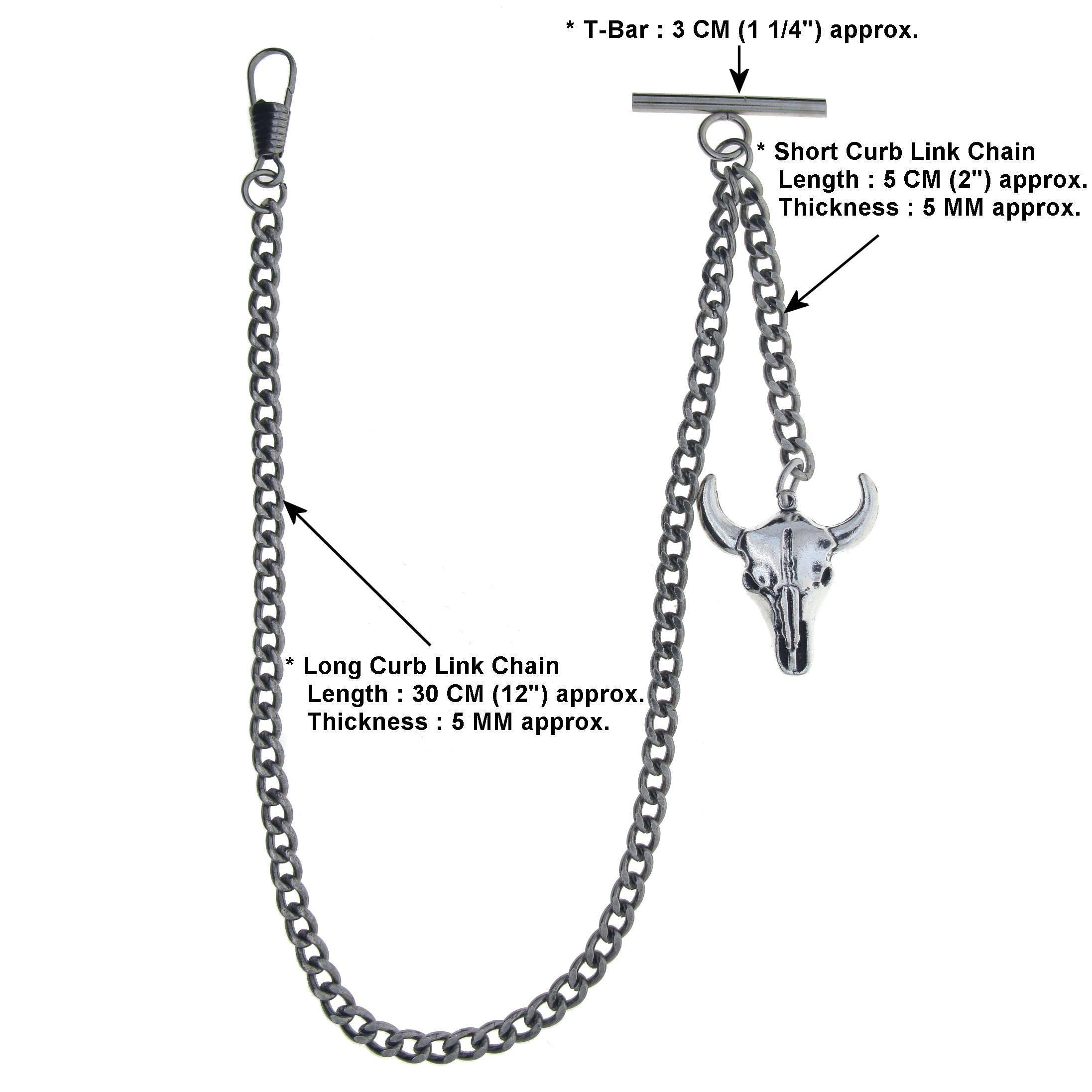 Albert Chain Silver Color Pocket Watch Chains for Men with Cow Skull Pendant Fob T Bar AC97