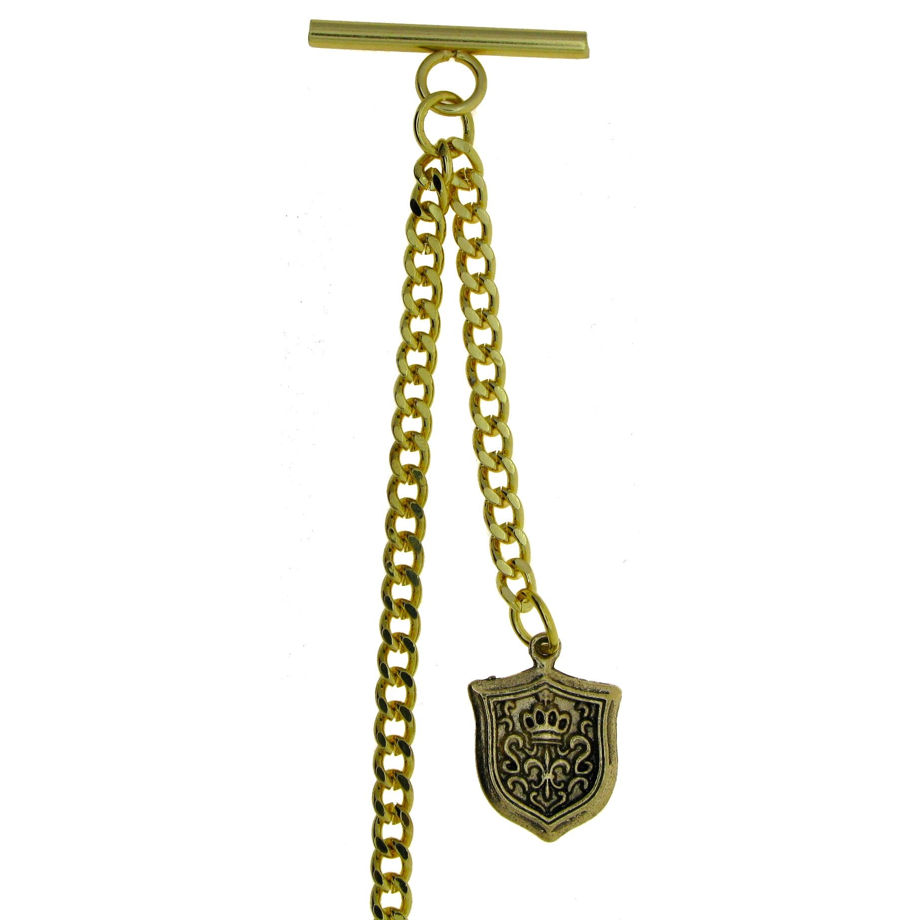 Albert Chain Gold Color Pocket Watch Chains for Men with T Bar Swivel Clasp and Ancient Shield Design Fob AC98