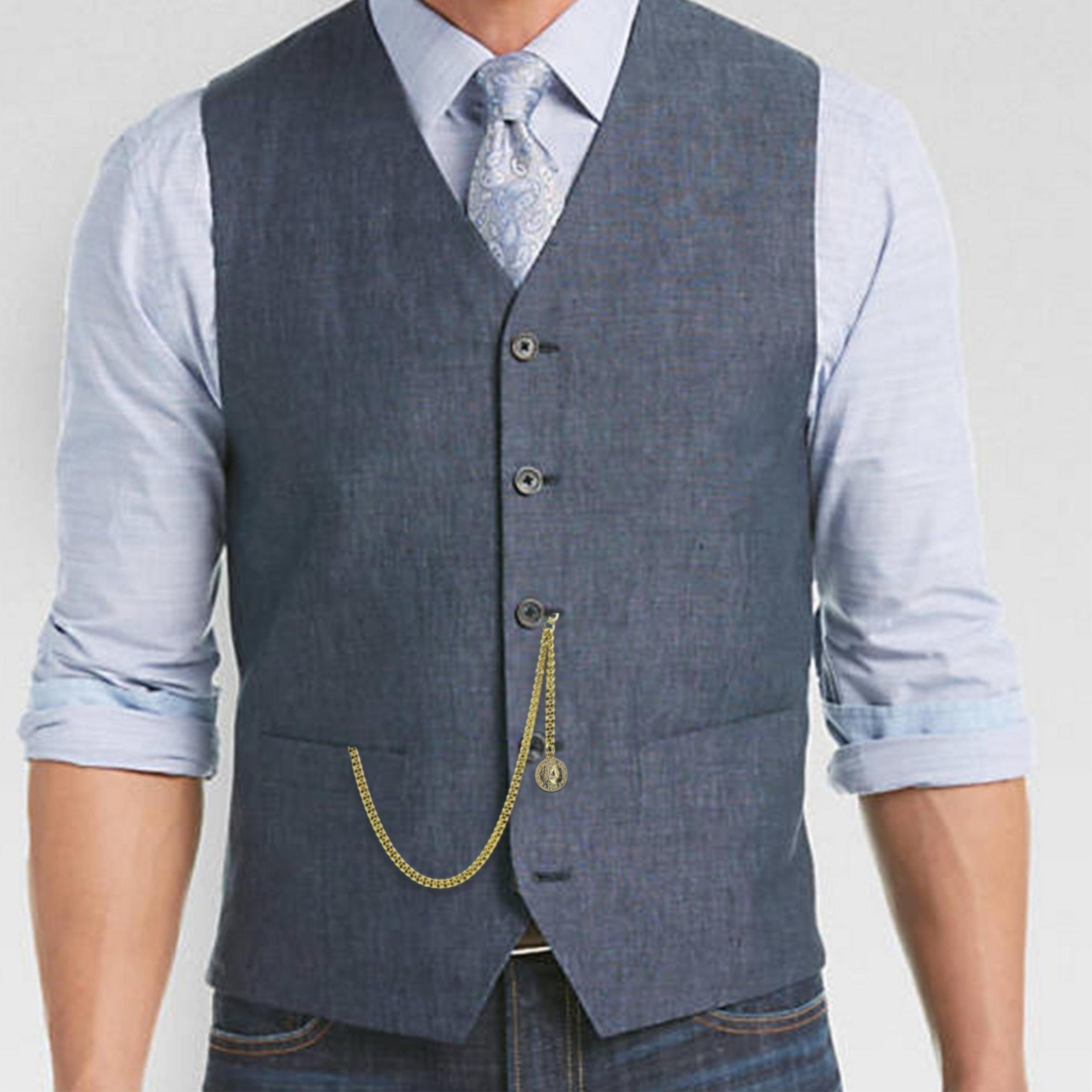 Gold Albert Chain Pocket Watch Curb Link Chain Fob T Bar + Swivel Clip + Ancient Gold Coin Design Fob AC99