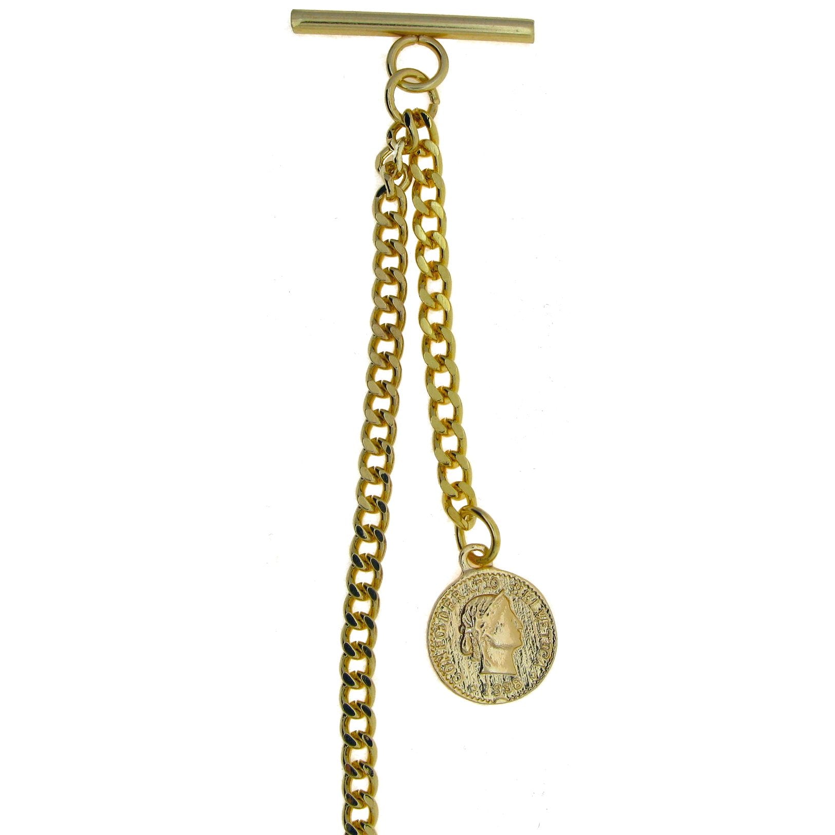 Gold Albert Chain Pocket Watch Curb Link Chain Fob T Bar + Swivel Clip + Ancient Gold Coin Design Fob AC99