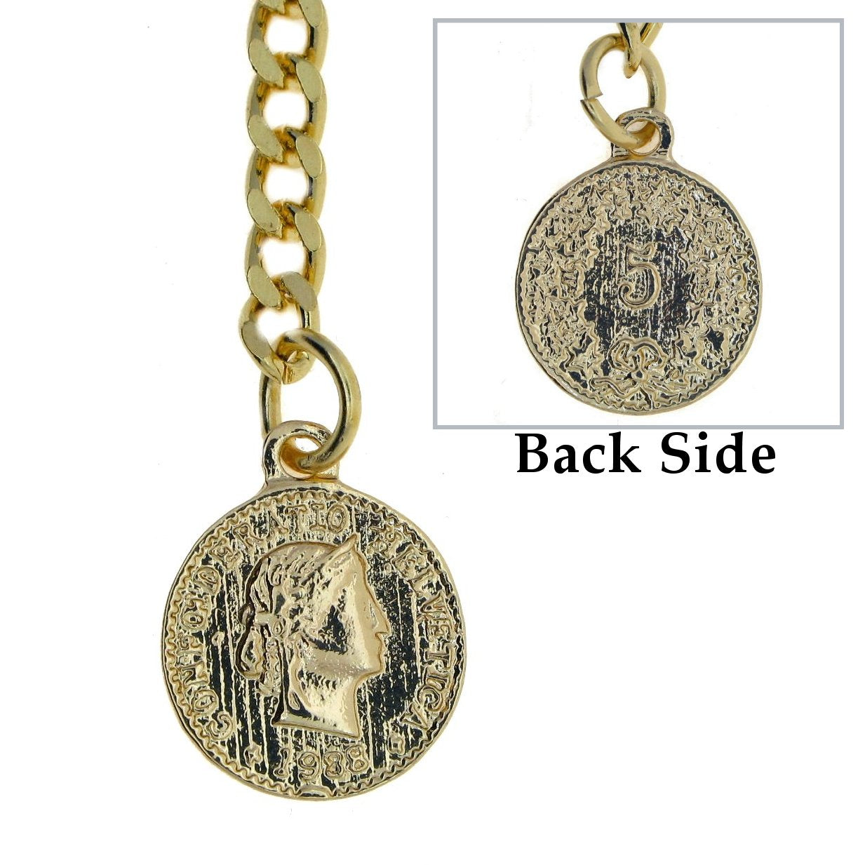 Gold Albert Chain Pocket Watch Curb Link Chain Fob T Bar + Swivel Clip + Ancient Gold Coin Design Fob AC99