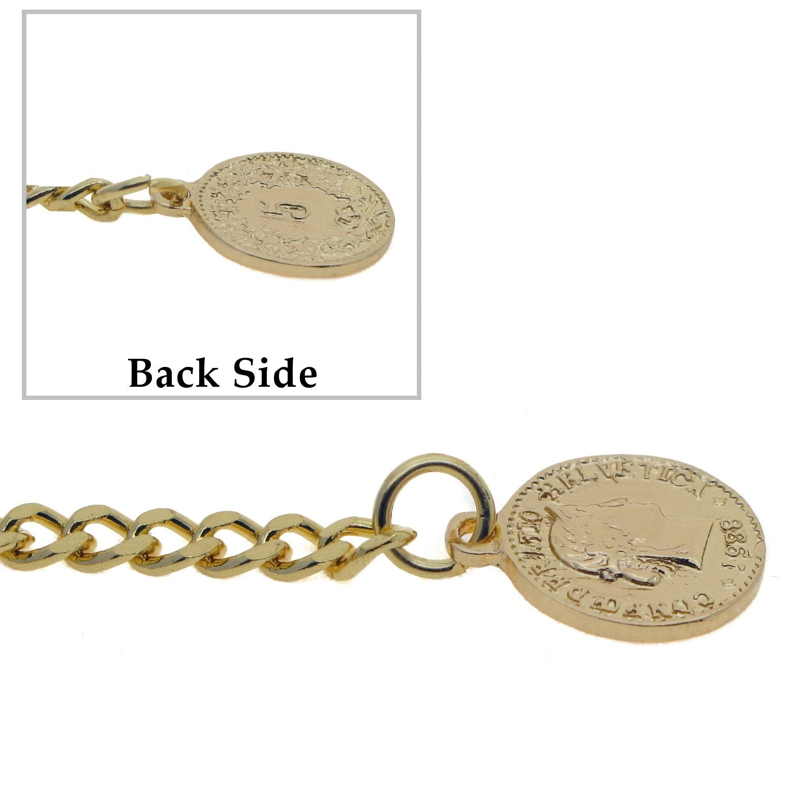 Gold Albert Chain Pocket Watch Curb Link Chain Fob T Bar + Swivel Clip + Ancient Gold Coin Design Fob AC99
