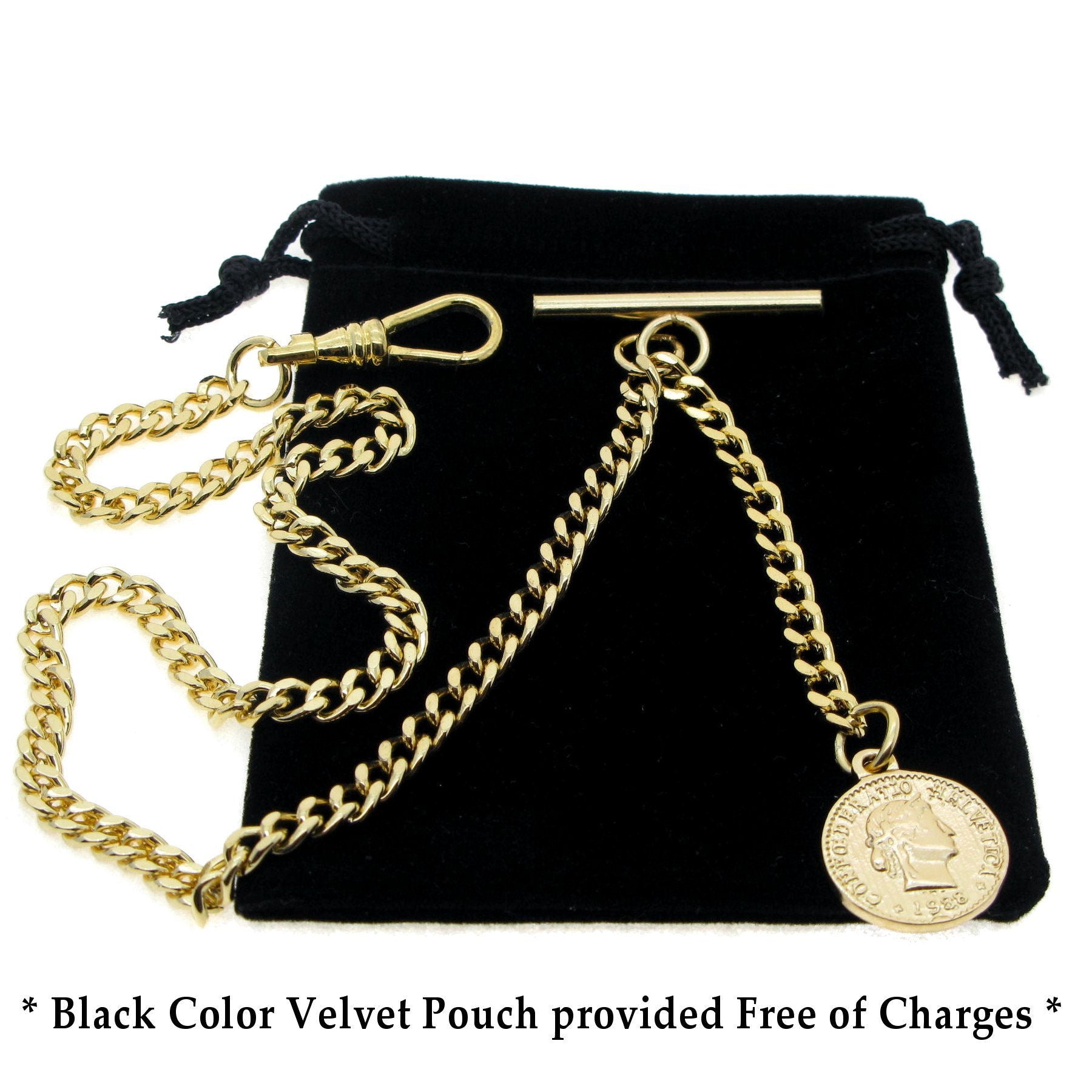 Gold Albert Chain Pocket Watch Curb Link Chain Fob T Bar + Swivel Clip + Ancient Gold Coin Design Fob AC99