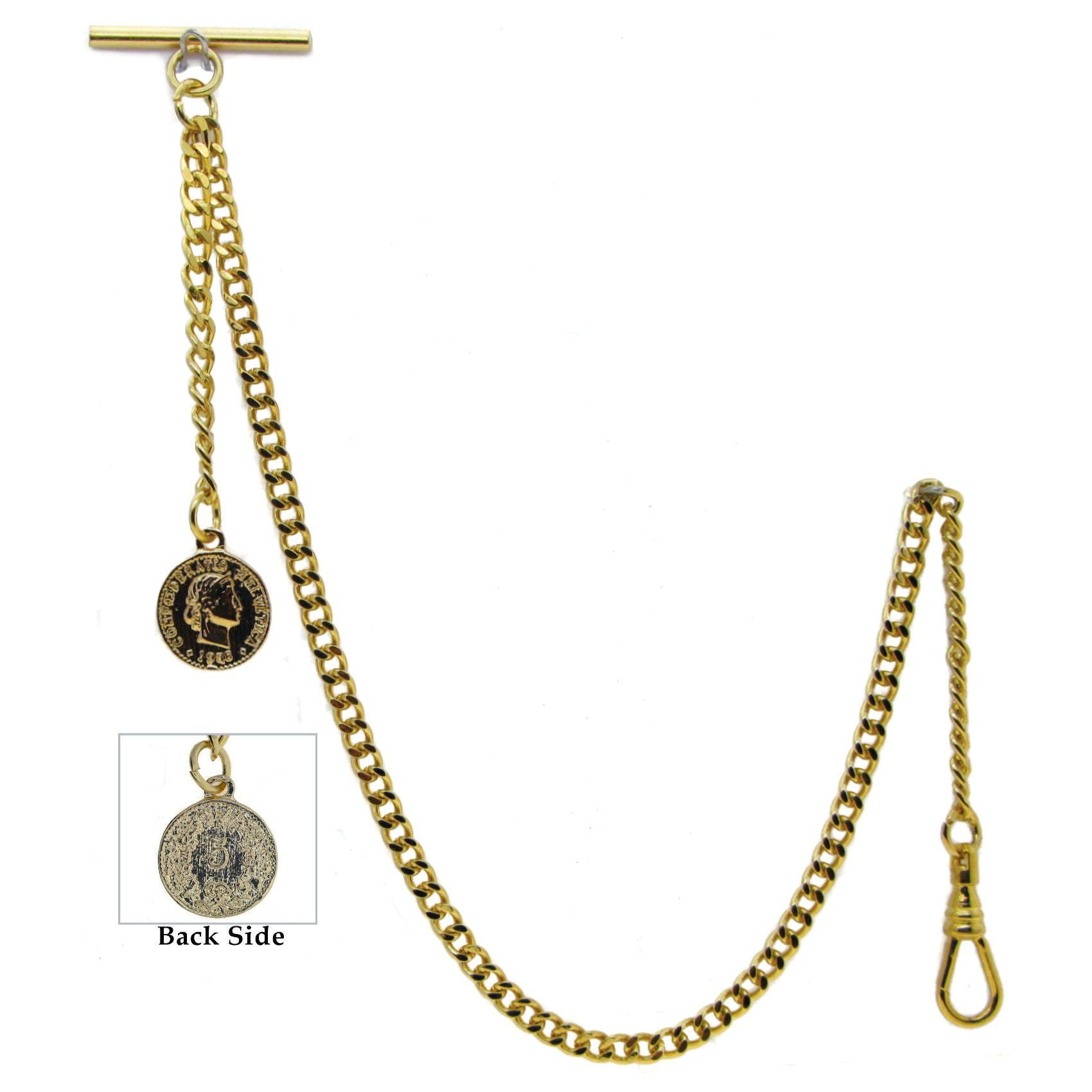 Gold Albert Chain Pocket Watch Curb Link Chain Fob T Bar + Swivel Clip + Ancient Gold Coin Design Fob AC99