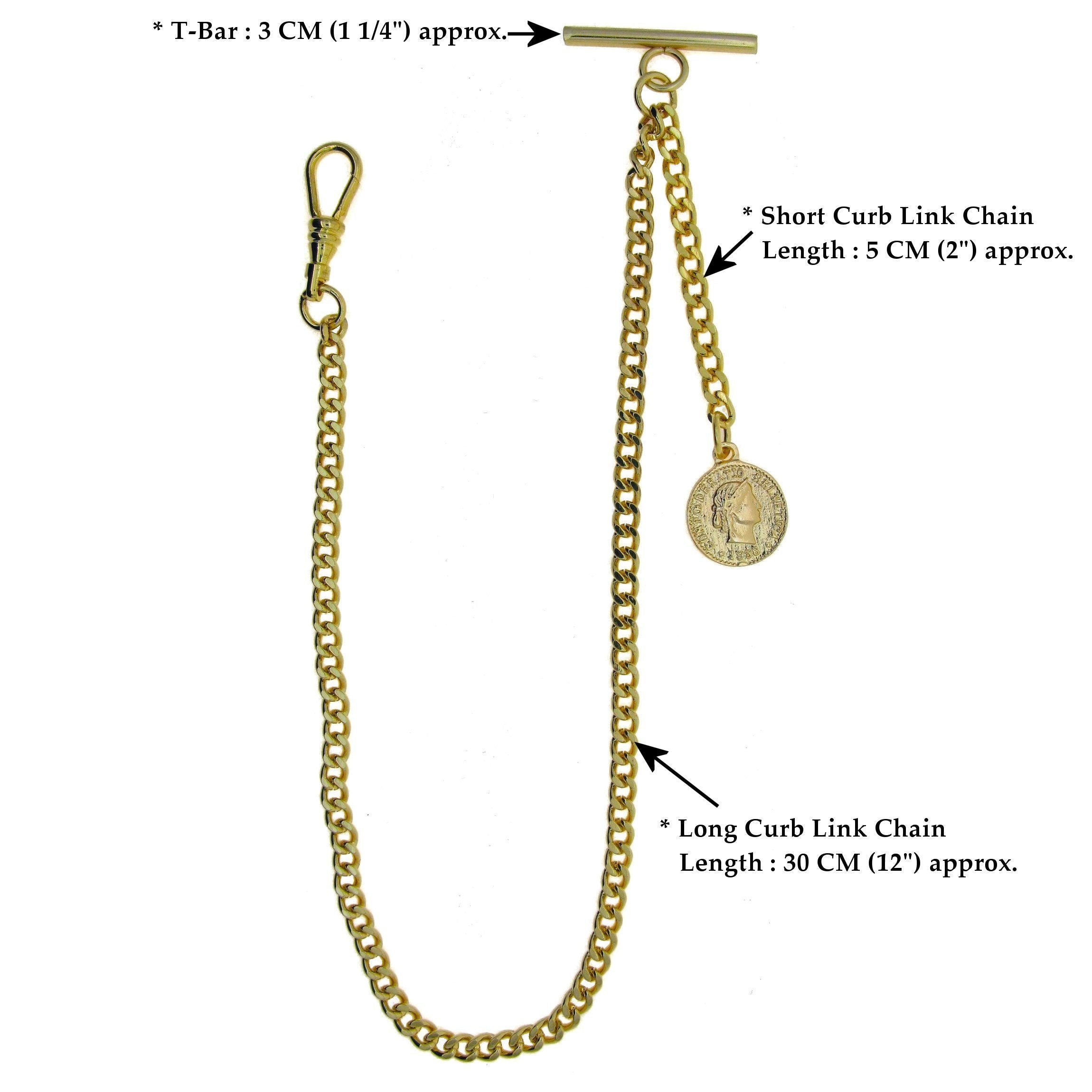Gold Albert Chain Pocket Watch Curb Link Chain Fob T Bar + Swivel Clip + Ancient Gold Coin Design Fob AC99