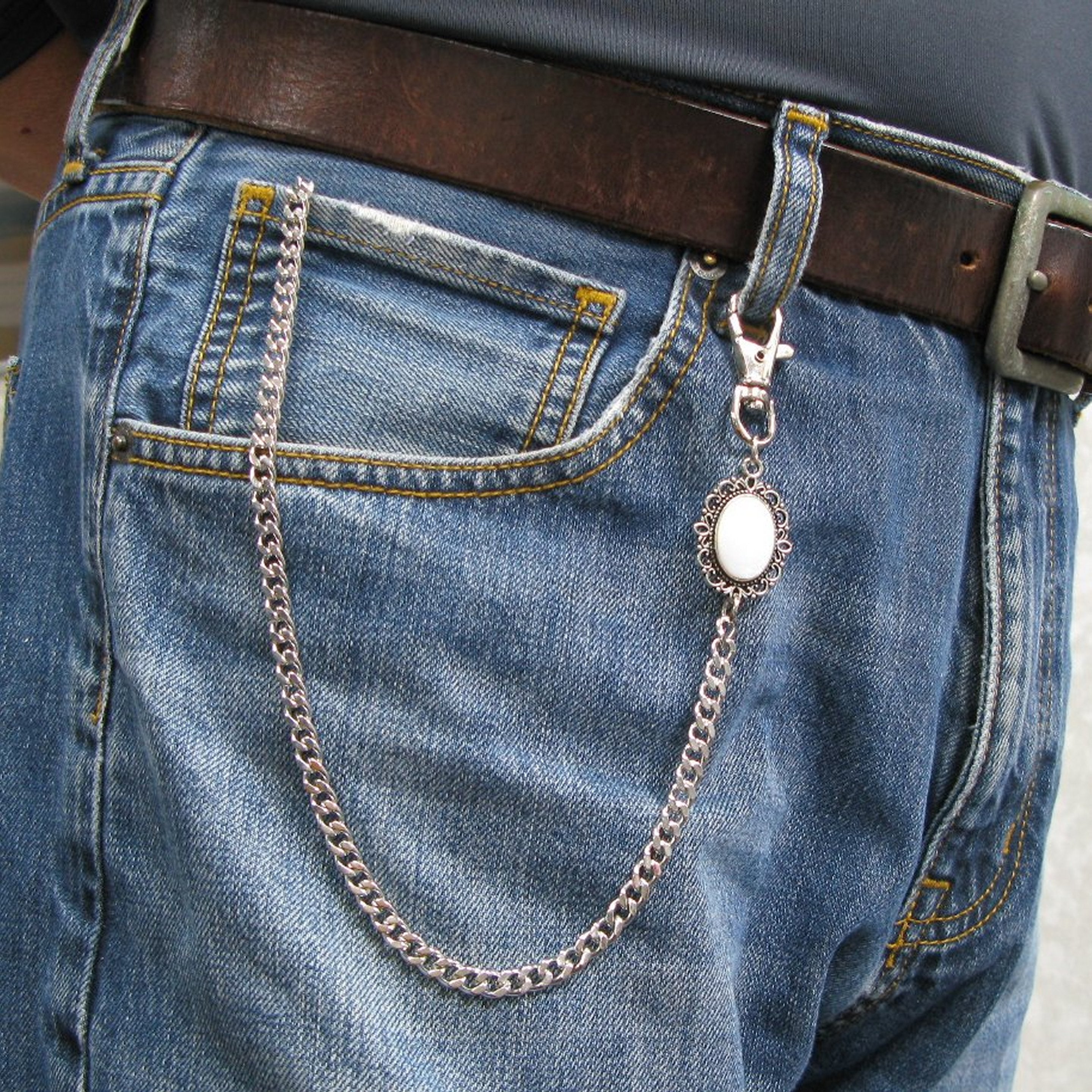 Pocket Watch Chain Silver Color Albert Chain for Men with Real Mother of Pearl Charm Fob and Large Lobster Clasp Swivel Clasp ACF160