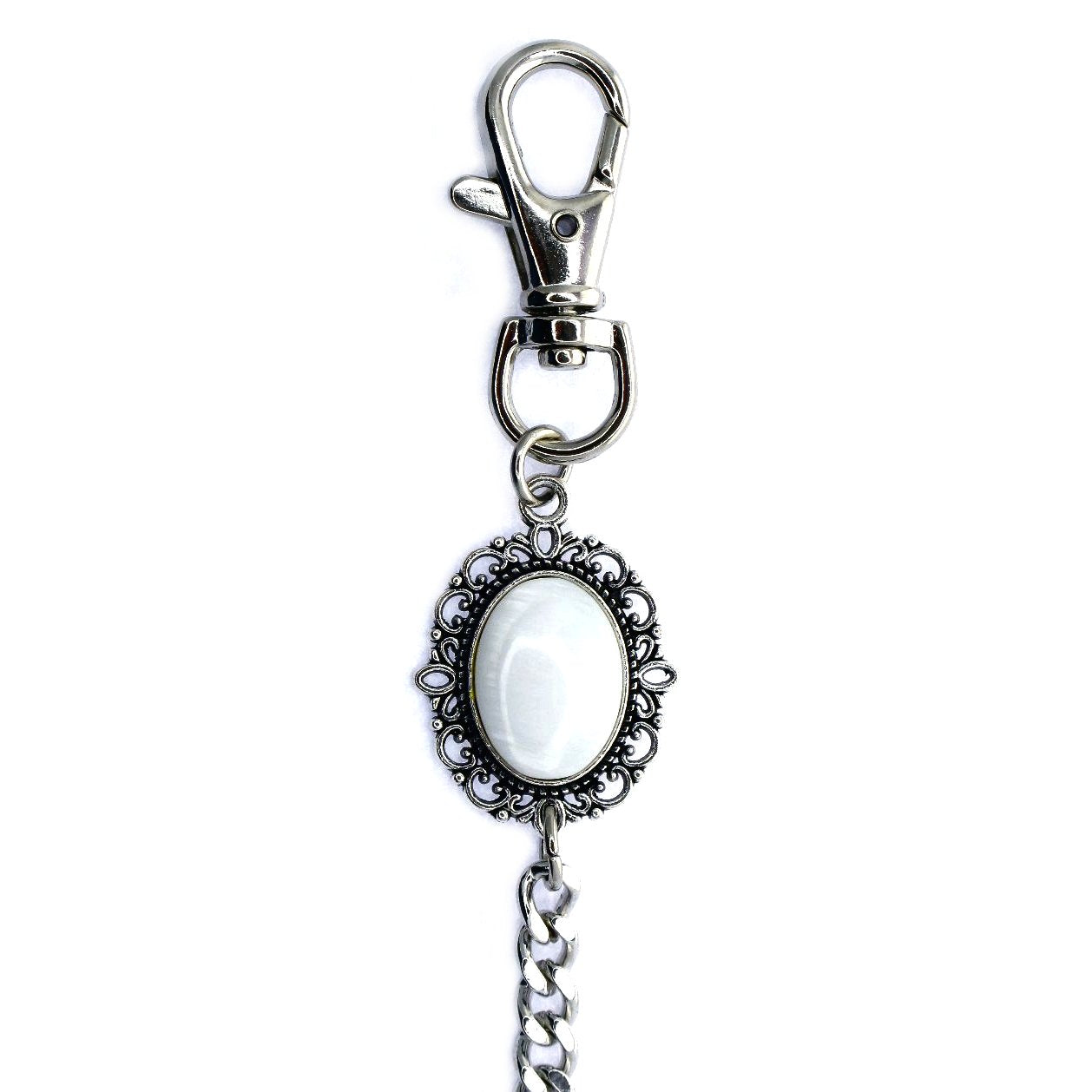 Pocket Watch Chain Silver Color Albert Chain for Men with Real Mother of Pearl Charm Fob and Large Lobster Clasp Swivel Clasp ACF160