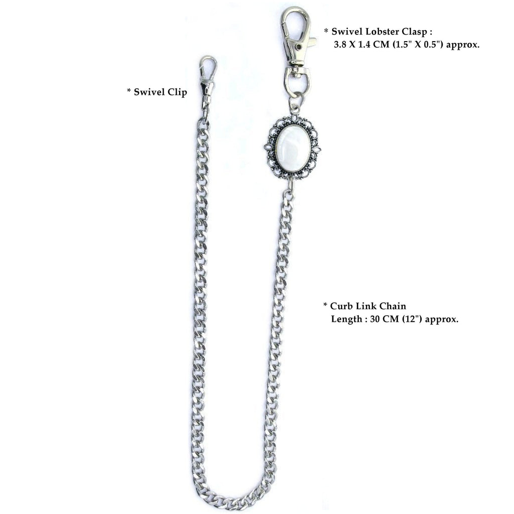 Pocket Watch Chain Silver Color Albert Chain for Men with Real Mother of Pearl Charm Fob and Large Lobster Clasp Swivel Clasp ACF160