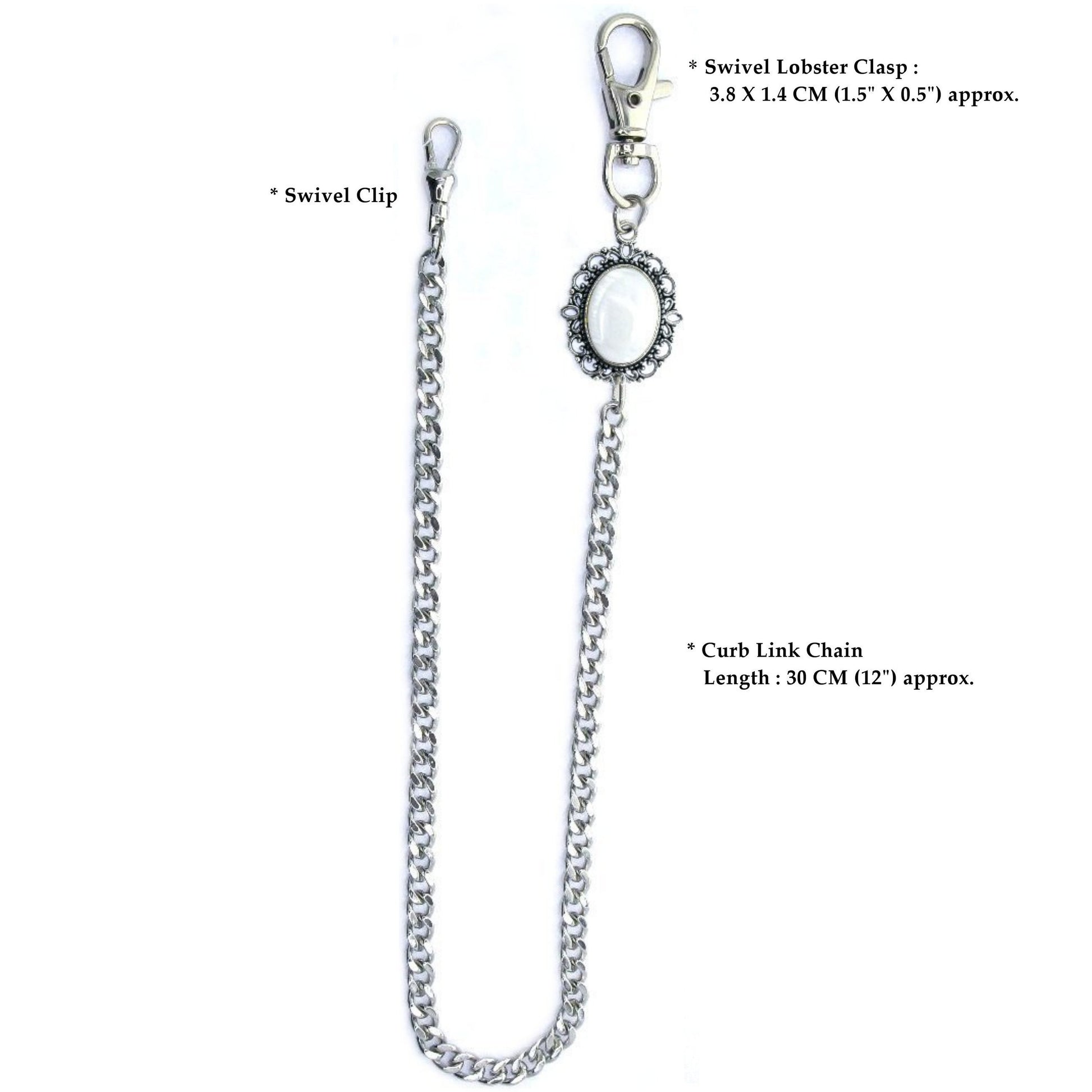 Pocket Watch Chain Silver Color Albert Chain for Men with Real Mother of Pearl Charm Fob and Large Lobster Clasp Swivel Clasp ACF160