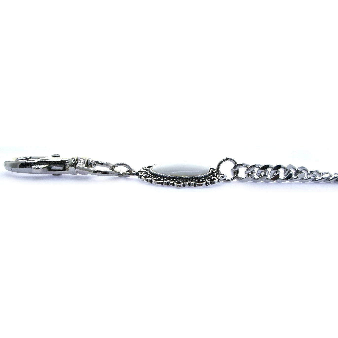 Pocket Watch Chain Silver Color Albert Chain for Men with Real Mother of Pearl Charm Fob and Large Lobster Clasp Swivel Clasp ACF160