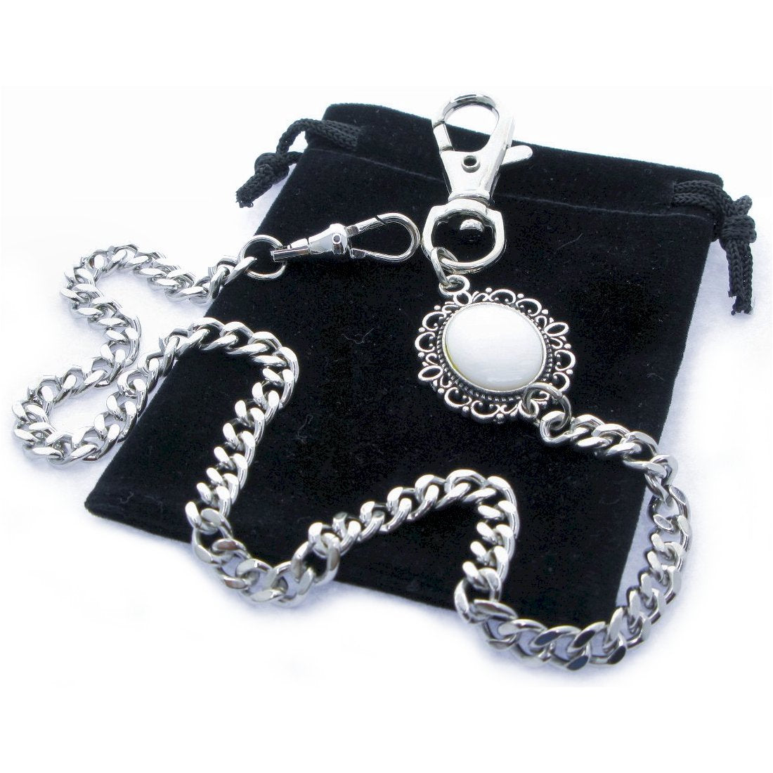 Pocket Watch Chain Silver Color Albert Chain for Men with Real Mother of Pearl Charm Fob and Large Lobster Clasp Swivel Clasp ACF160