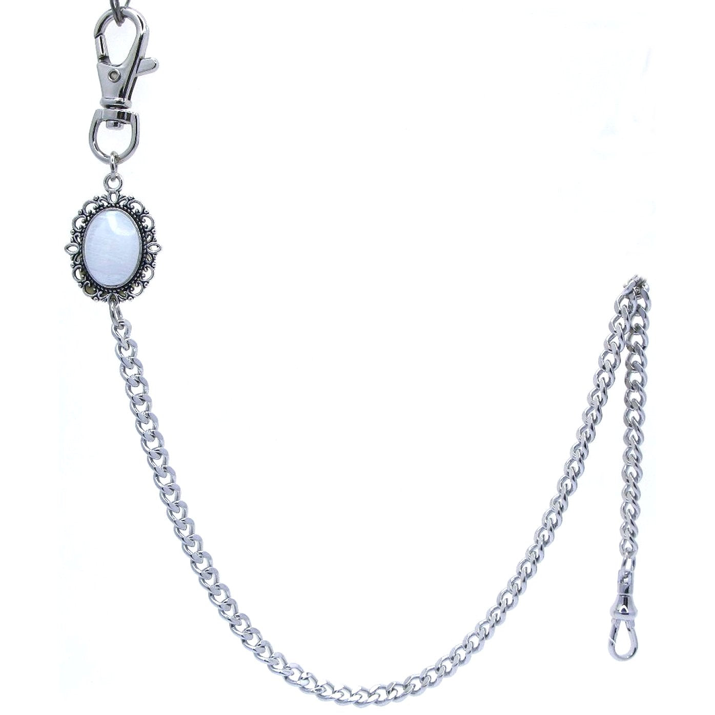 Pocket Watch Chain Silver Color Albert Chain for Men with Real Mother of Pearl Charm Fob and Large Lobster Clasp Swivel Clasp ACF160