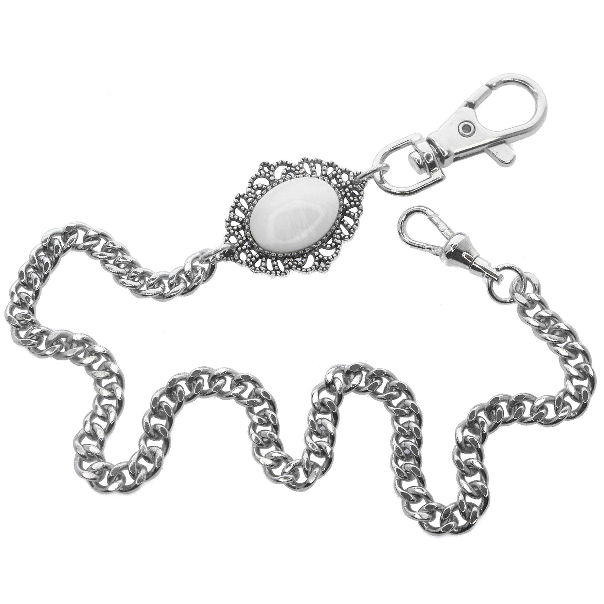 Pocket Watch Chain Silver Color Albert Chain for Men with Real Mother of Pearl Charm Fob and Large Lobster Clasp Swivel Clasp ACF160