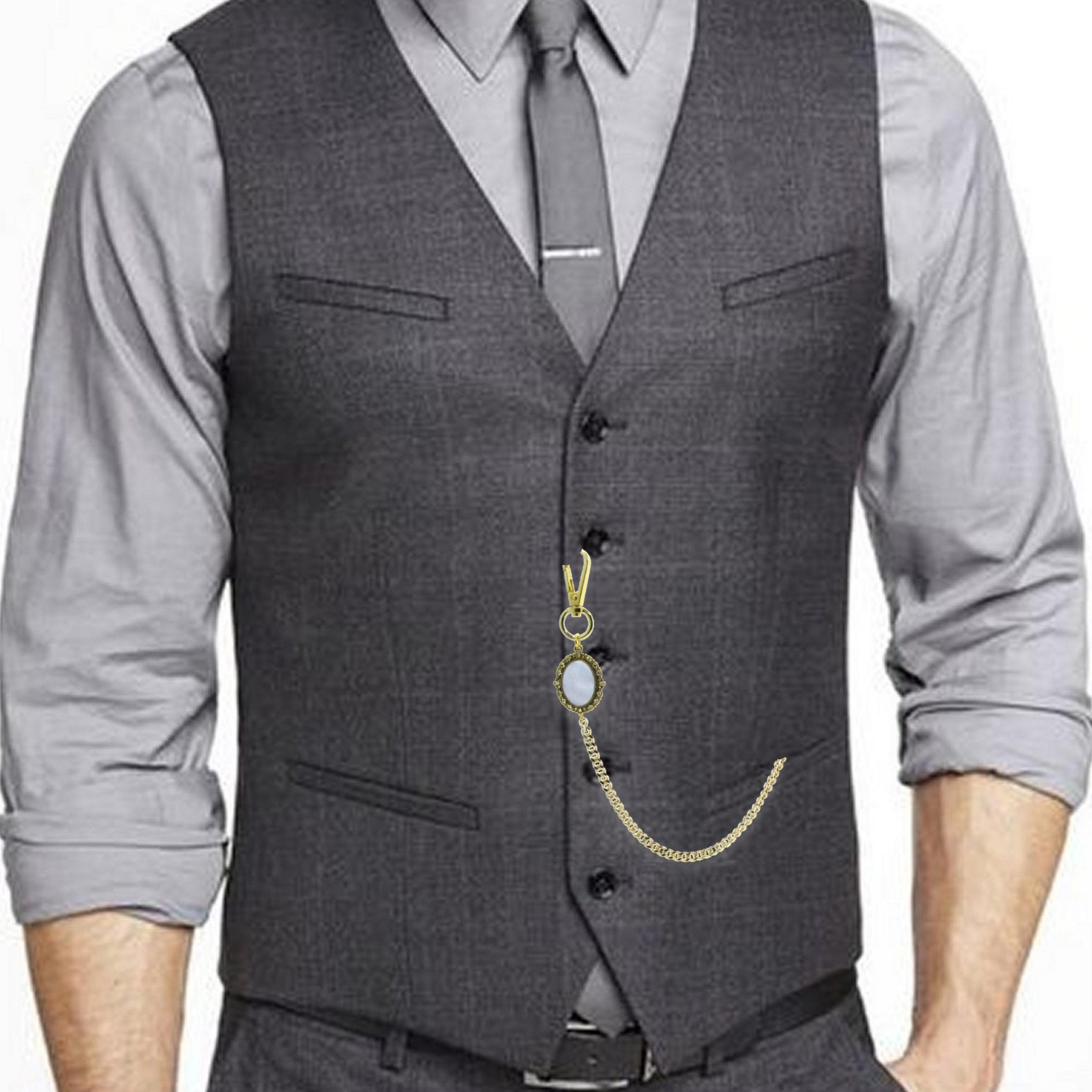 Pocket Watch Chain Gold Albert Chain for Men with Mother of Pearl Fob and Large Lobster Clasp Swivel Clasp ACF161A