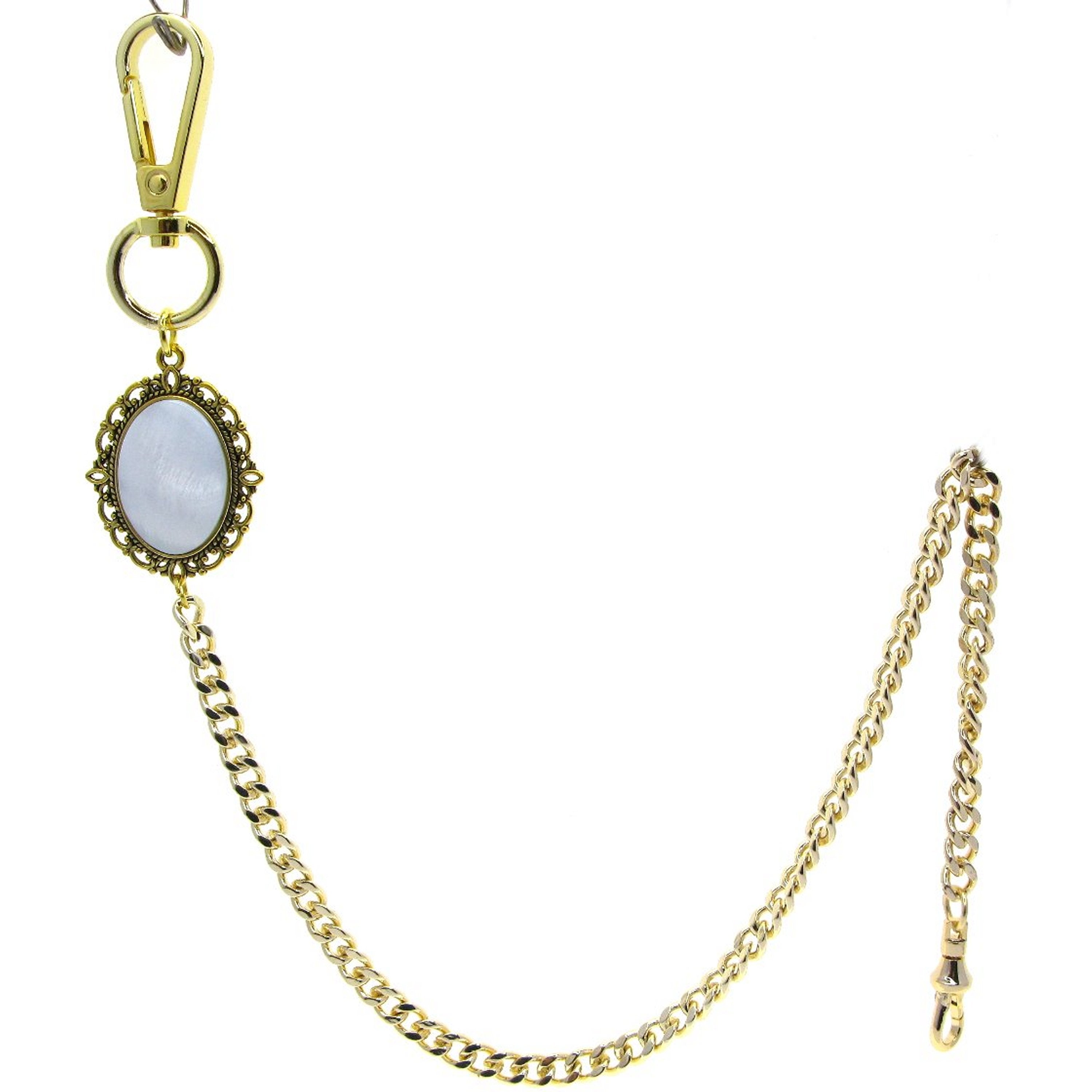 Pocket Watch Chain Gold Albert Chain for Men with Mother of Pearl Fob and Large Lobster Clasp Swivel Clasp ACF161A