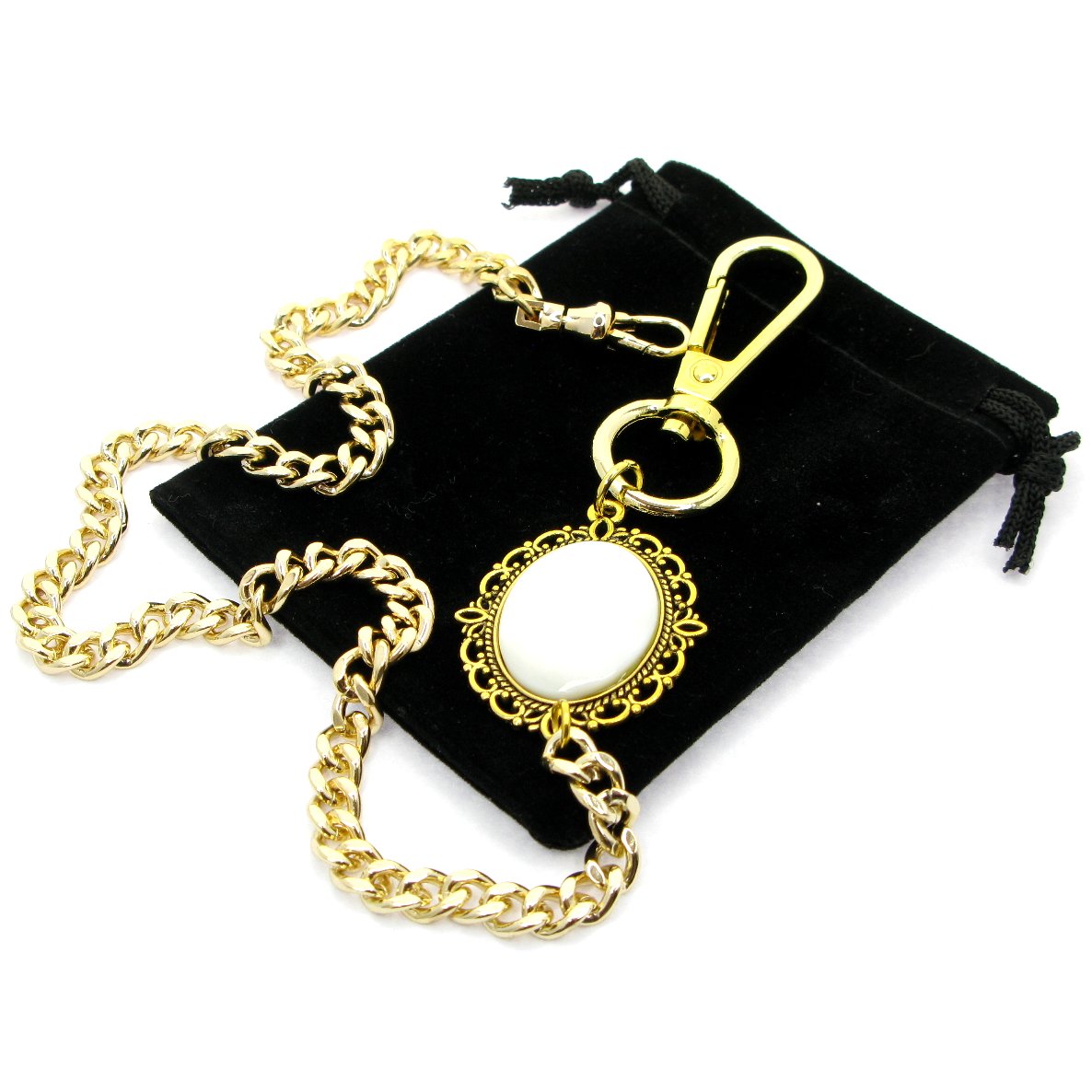Pocket Watch Chain Gold Albert Chain for Men with Mother of Pearl Fob and Large Lobster Clasp Swivel Clasp ACF161A
