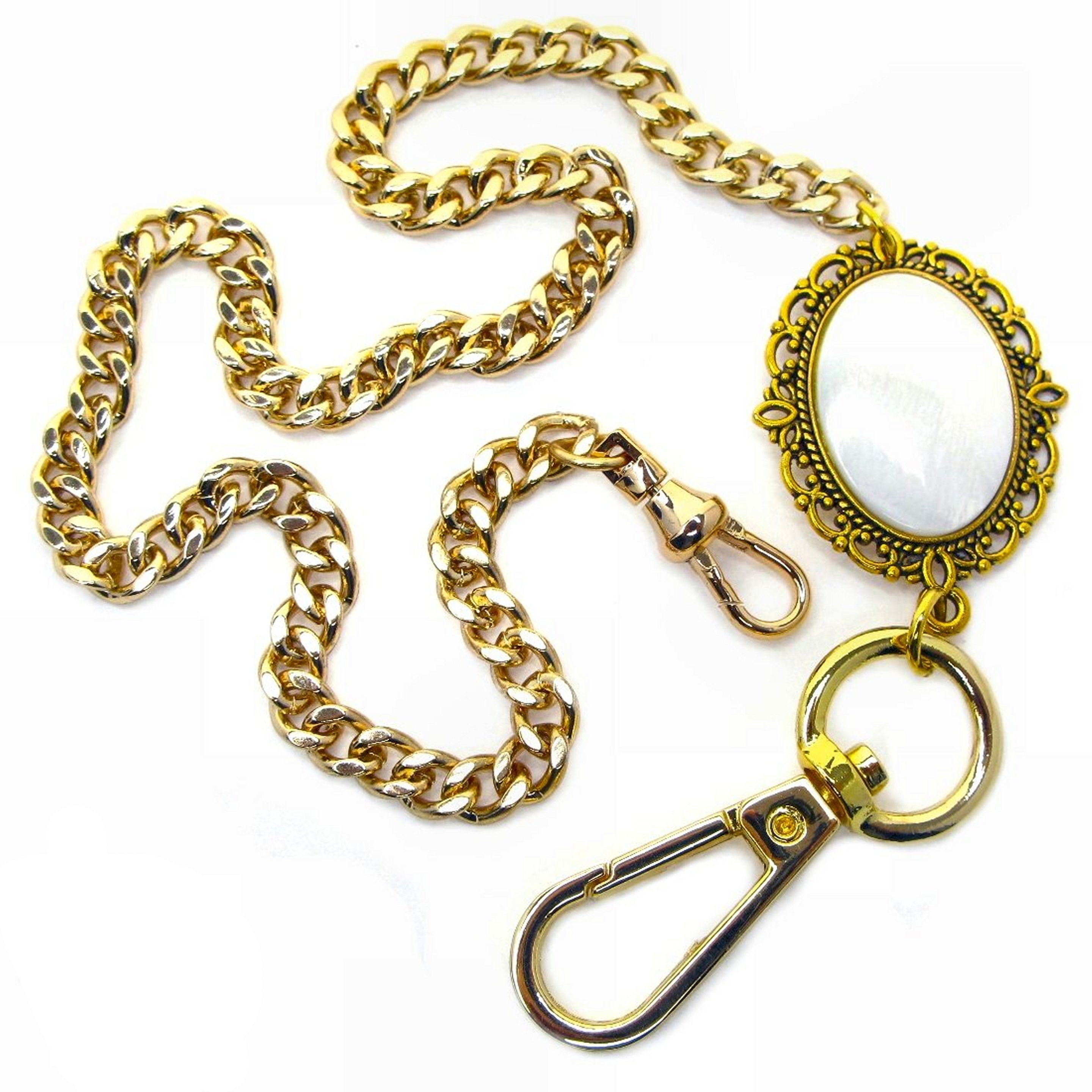 Pocket Watch Chain Gold Albert Chain for Men with Mother of Pearl Fob and Large Lobster Clasp Swivel Clasp ACF161A