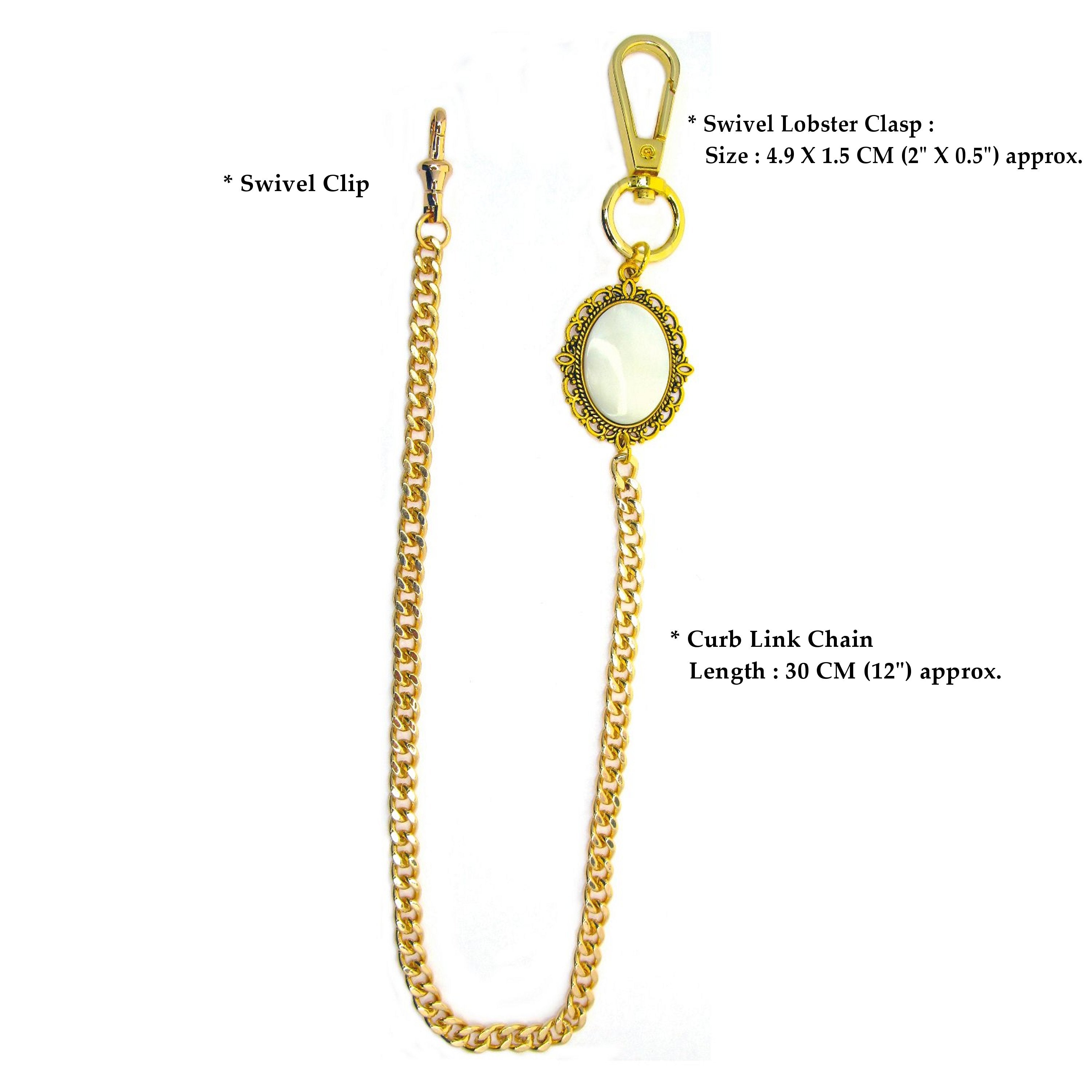 Pocket Watch Chain Gold Albert Chain for Men with Mother of Pearl Fob and Large Lobster Clasp Swivel Clasp ACF161A