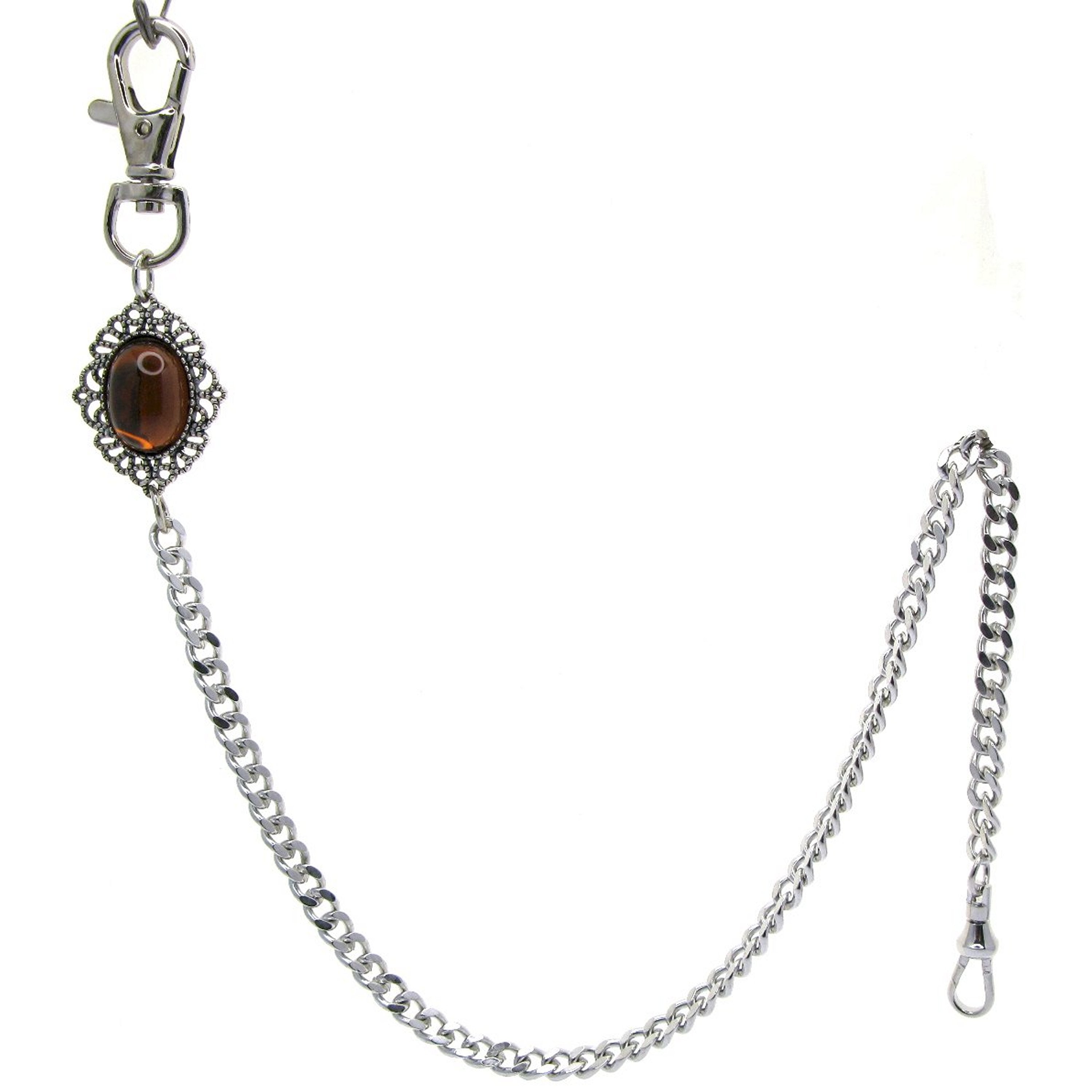 Pocket Watch Chain Silver Color Albert Chain for Men with Oval Shape Brown Resin Epoxy Crystal Fob and Large Lobster Clasp Swivel Clasp ACF164