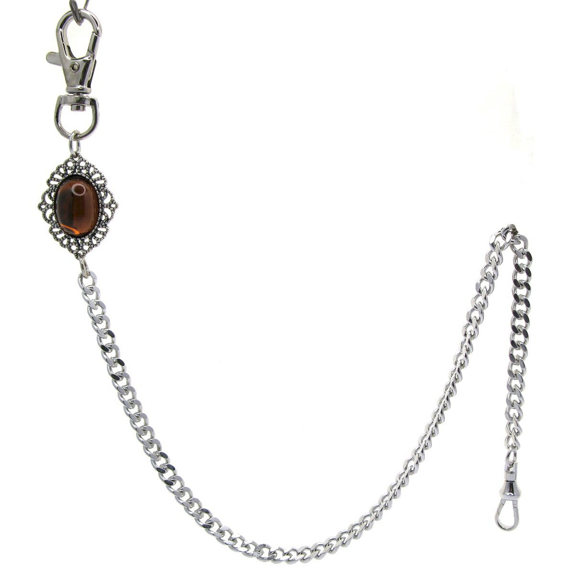 Pocket Watch Chain Silver Color Albert Chain with Oval Shape Brown Resin Epoxy Crystal Fob ACF164