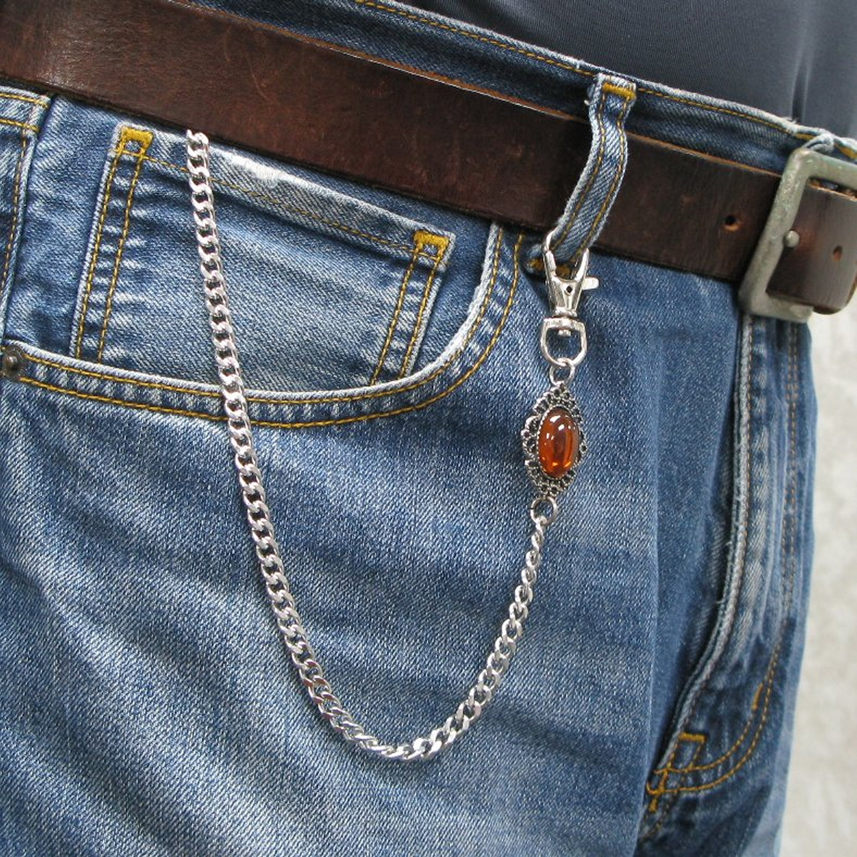 Pocket Watch Chain Silver Color Albert Chain for Men with Oval Shape Brown Resin Epoxy Crystal Fob and Large Lobster Clasp Swivel Clasp ACF164