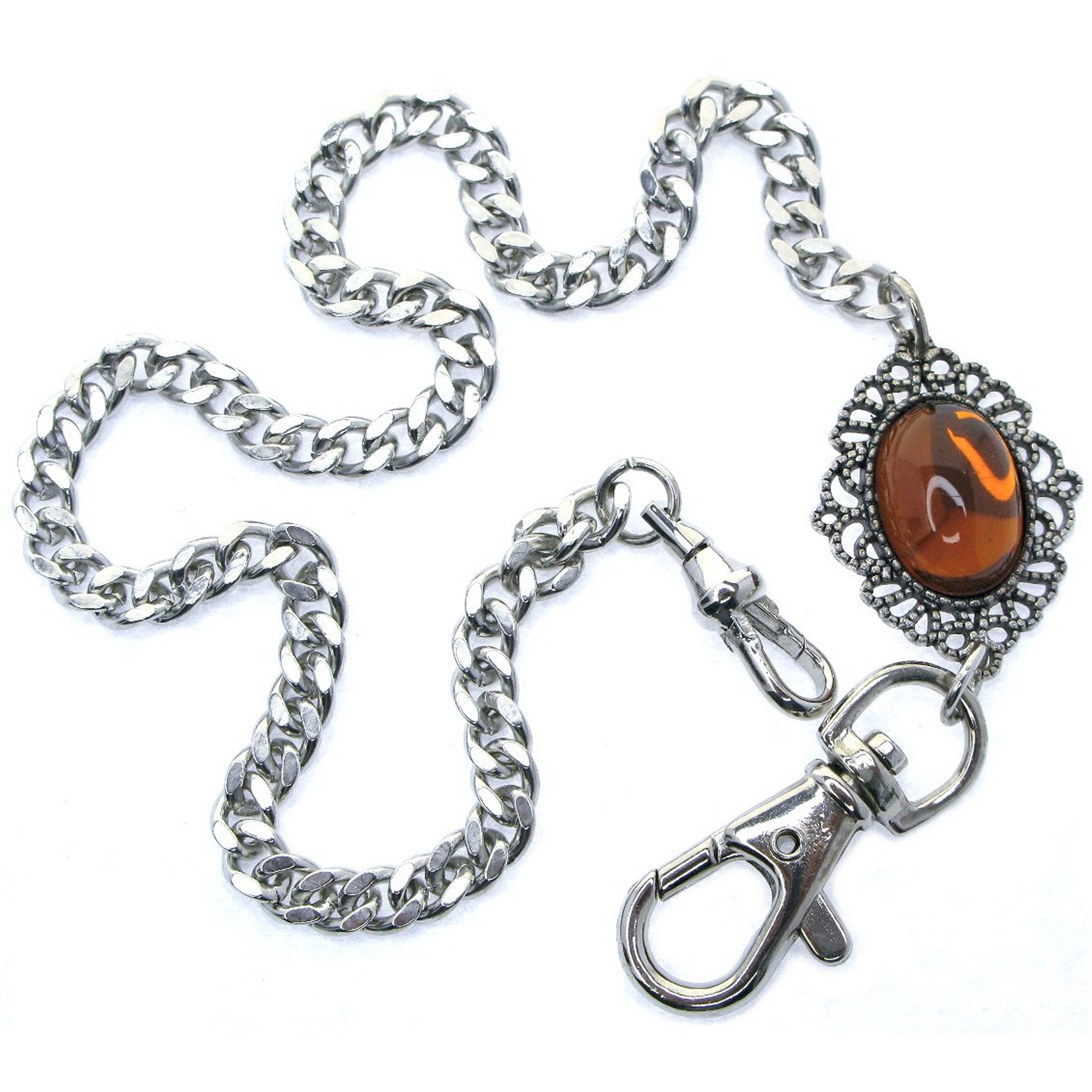 Pocket Watch Chain Silver Color Albert Chain with Oval Shape Brown Resin Epoxy Crystal Fob ACF164