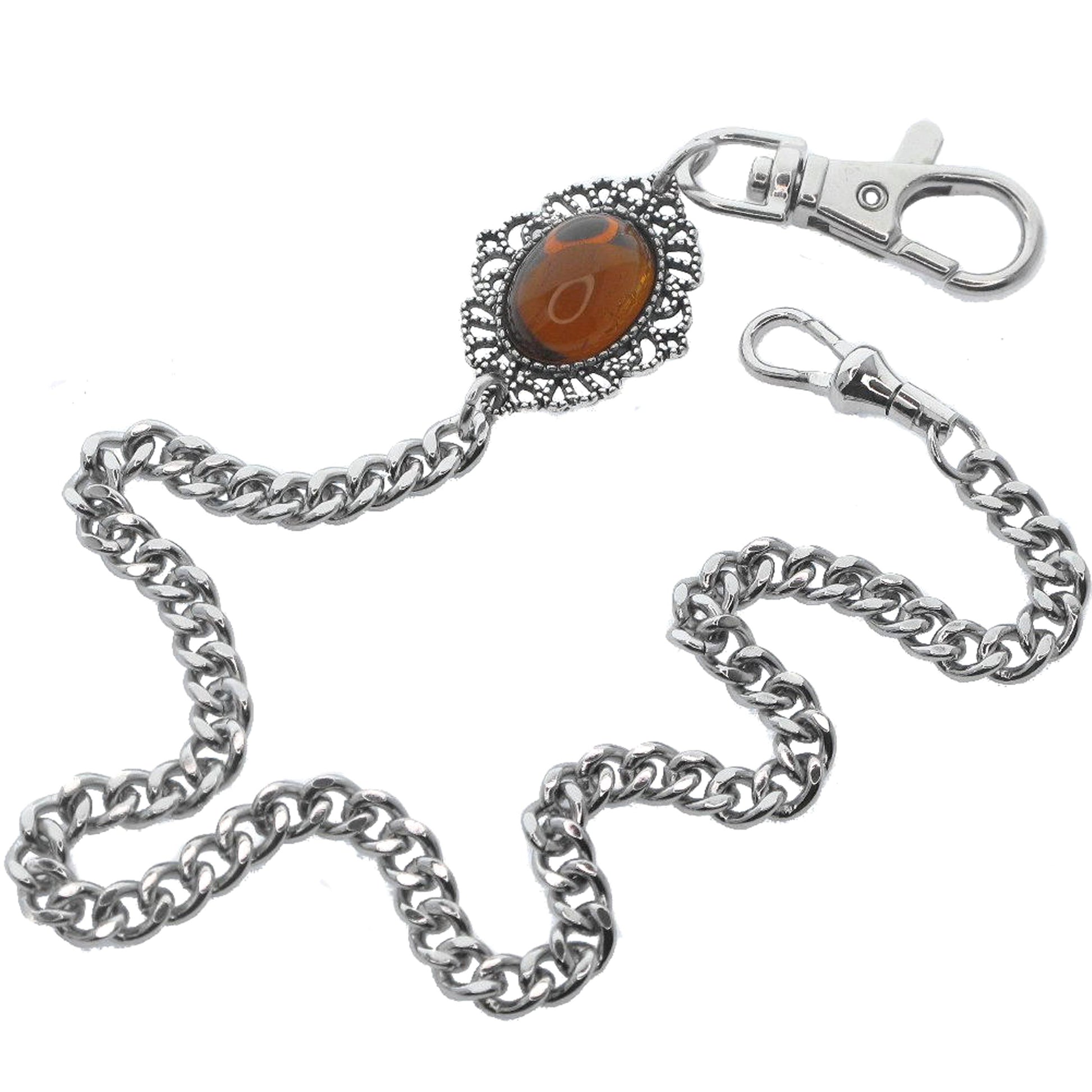 Pocket Watch Chain Silver Color Albert Chain with Oval Shape Brown Resin Epoxy Crystal Fob ACF164