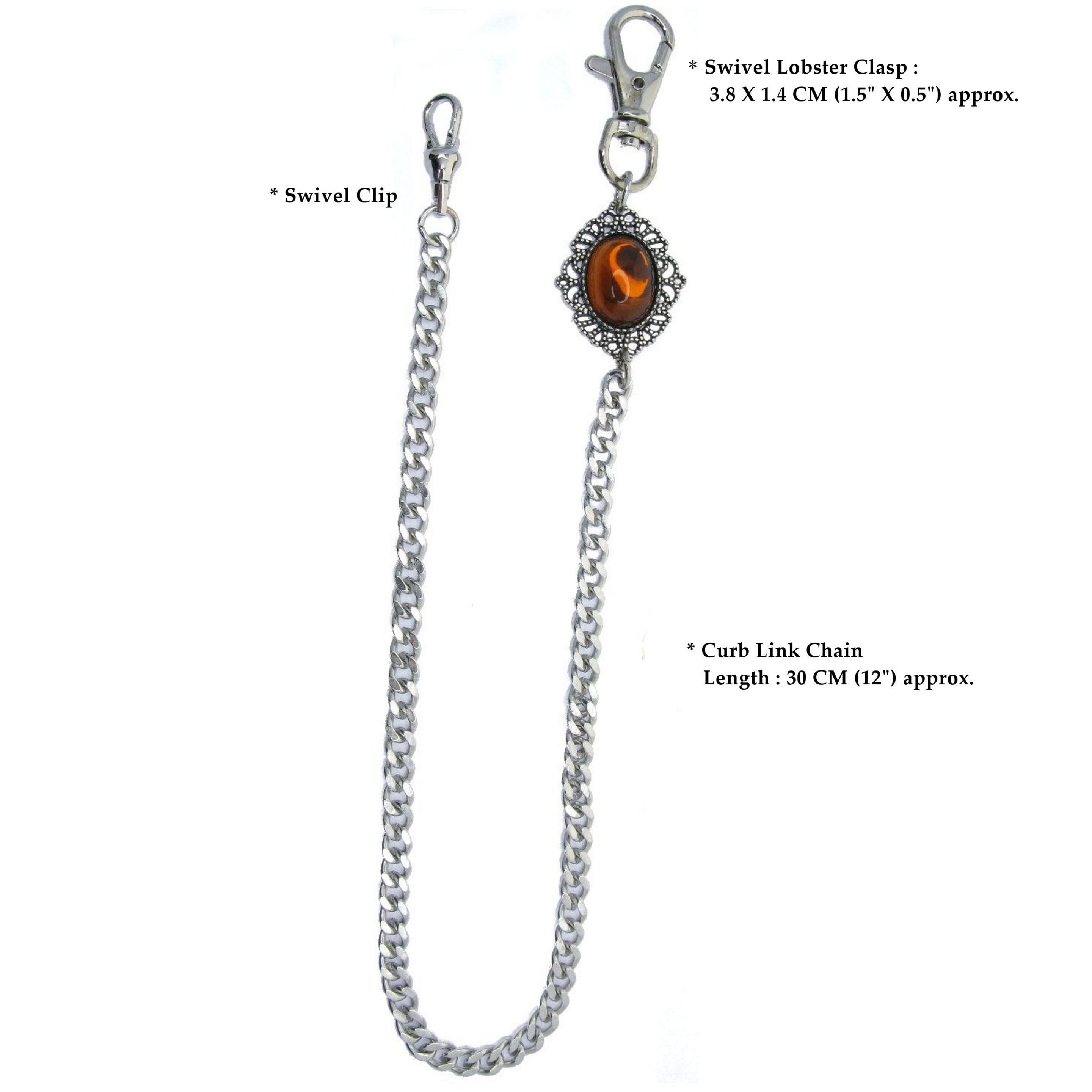 Pocket Watch Chain Silver Color Albert Chain with Oval Shape Brown Resin Epoxy Crystal Fob ACF164