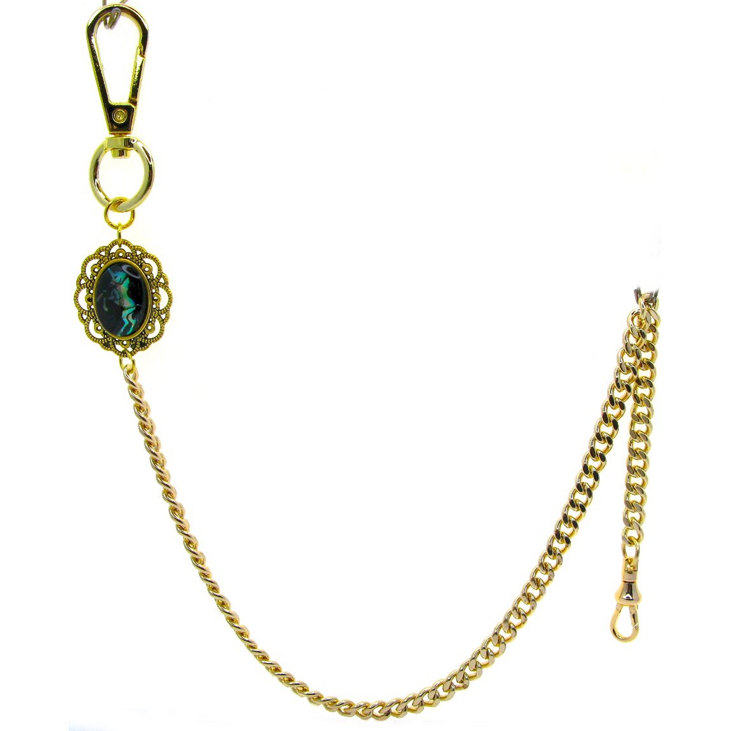 Pocket Watch Chain Gold Color Albert Chain for Men with Elephant Pattern Abalone Shell Epoxy Fob and Large Lobster Clasp Swivel Clasp ACF166