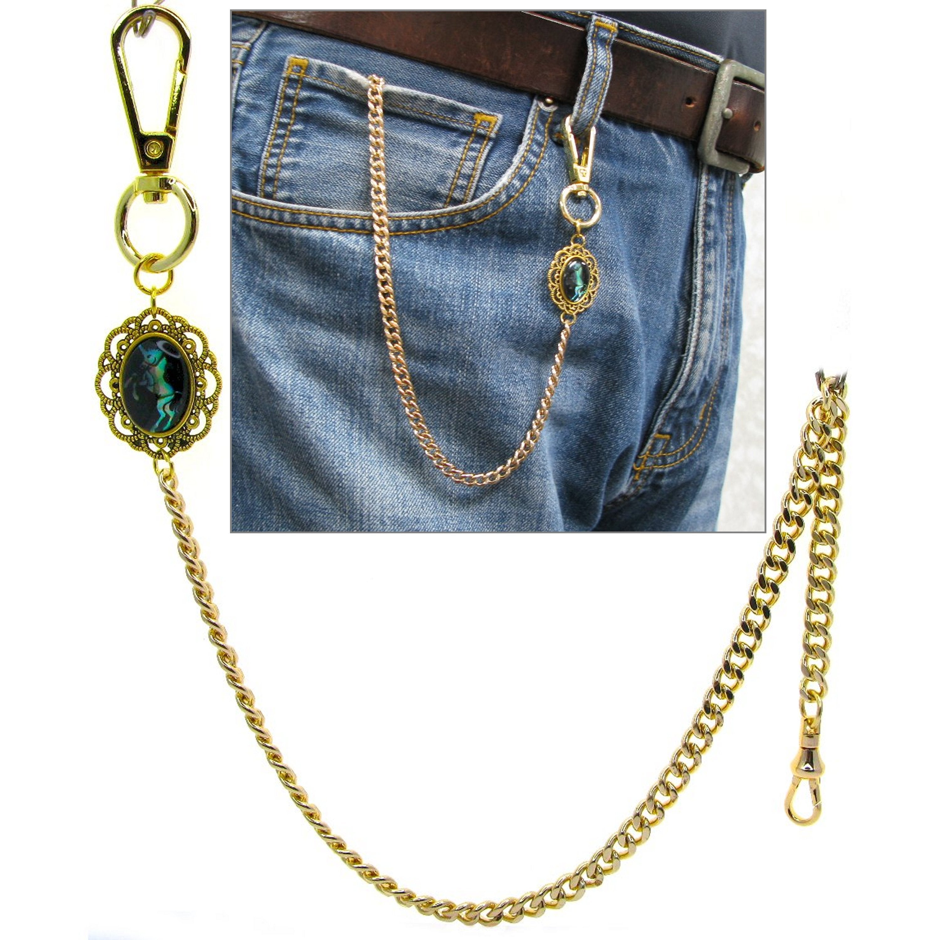 Pocket Watch Chain Gold Color Albert Chain for Men with Elephant Pattern Abalone Shell Epoxy Fob and Large Lobster Clasp Swivel Clasp ACF166