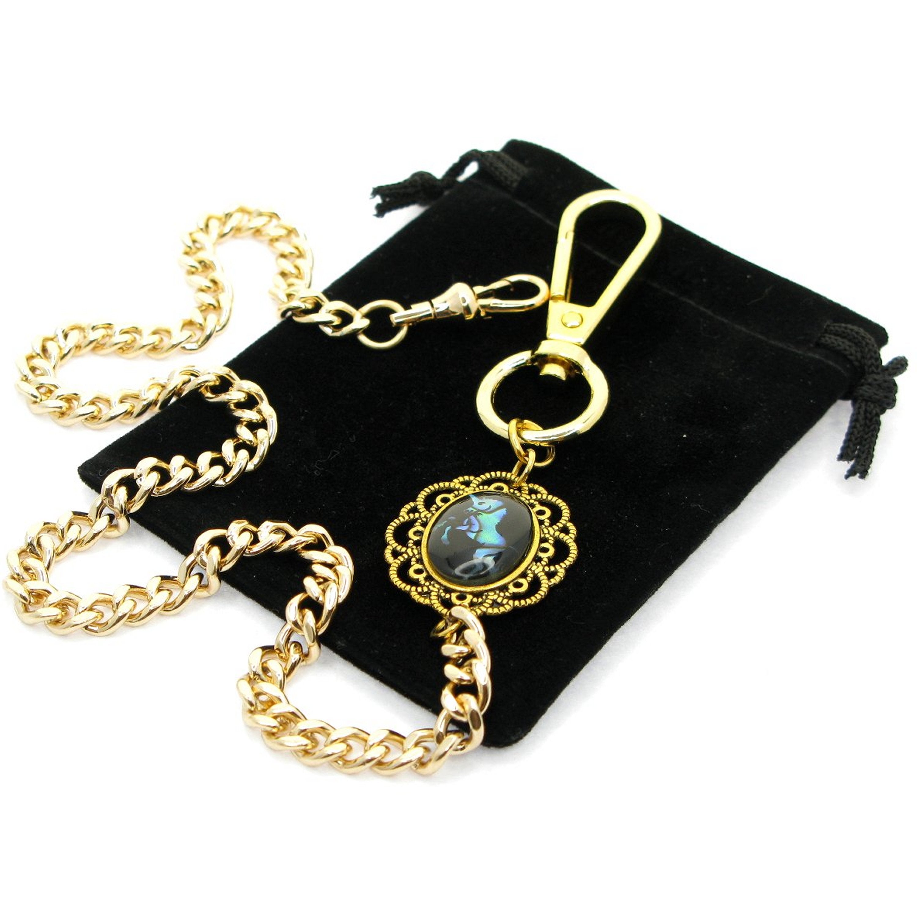 Pocket Watch Chain Gold Color Albert Chain for Men with Elephant Pattern Abalone Shell Epoxy Fob and Large Lobster Clasp Swivel Clasp ACF166
