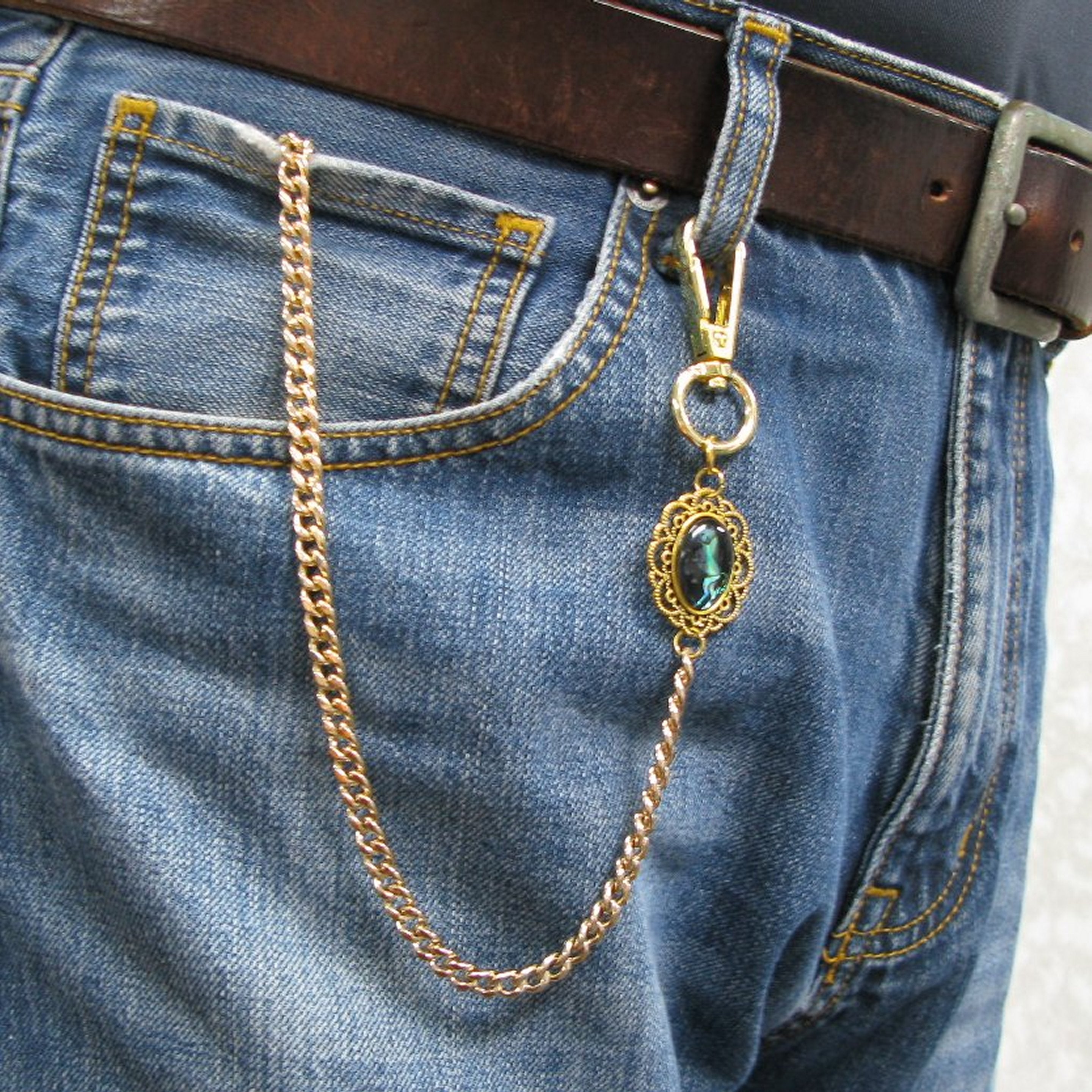 Pocket Watch Chain Gold Color Albert Chain for Men with Elephant Pattern Abalone Shell Epoxy Fob and Large Lobster Clasp Swivel Clasp ACF166