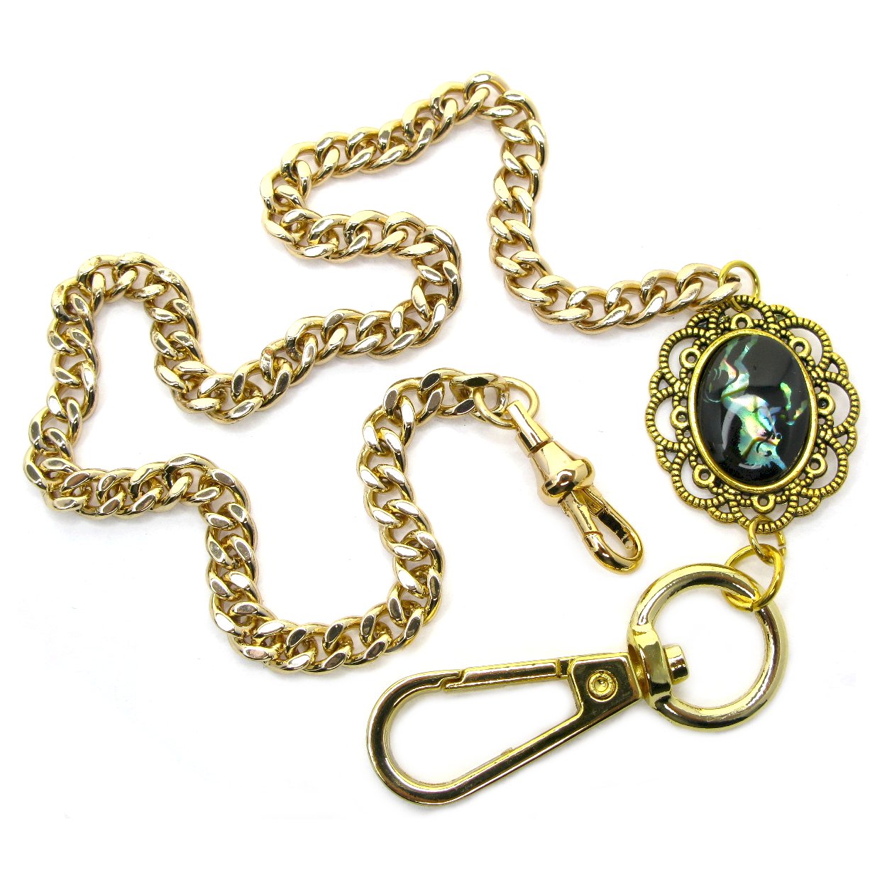 Pocket Watch Chain Gold Color Albert Chain for Men with Elephant Pattern Abalone Shell Epoxy Fob and Large Lobster Clasp Swivel Clasp ACF166