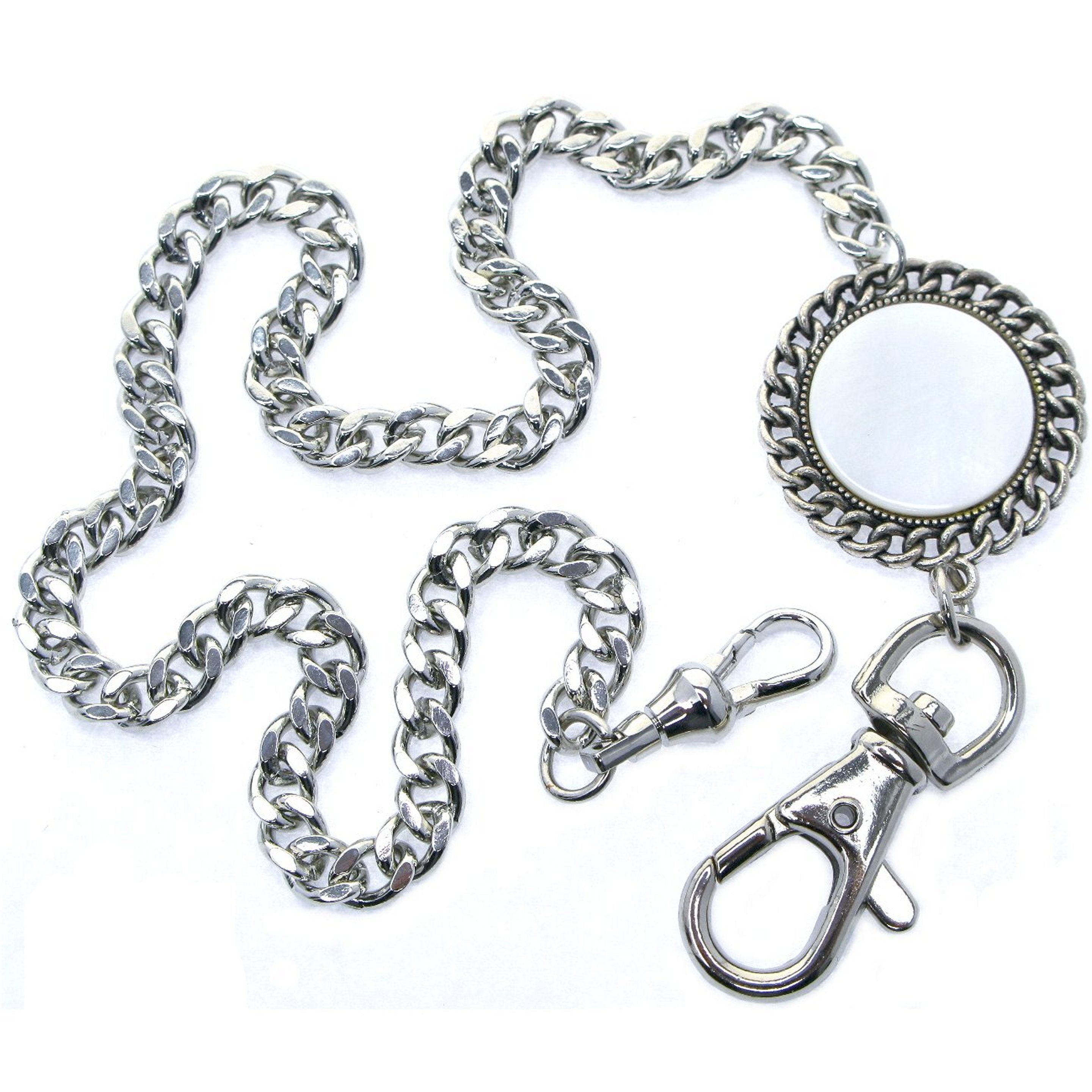 Pocket Watch Chain Silver Color Albert Chain for Men with Real Mother of Pearl Charm Fob and Large Lobster Clasp Swivel Clasp ACF168