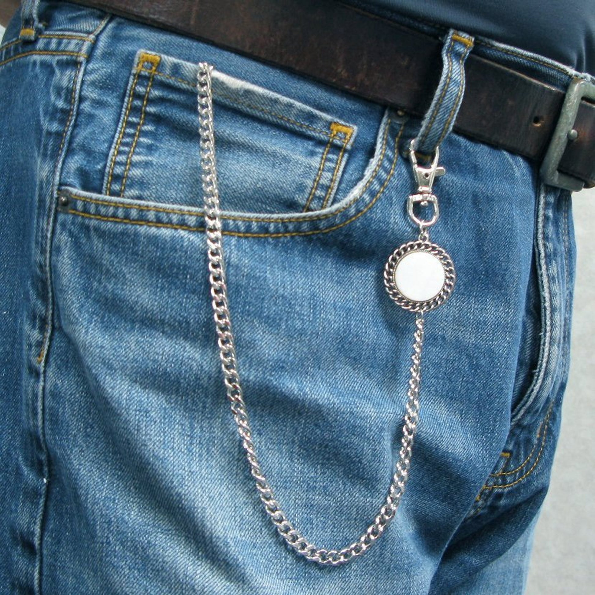 Pocket Watch Chain Silver Color Albert Chain for Men with Real Mother of Pearl Charm Fob and Large Lobster Clasp Swivel Clasp ACF168