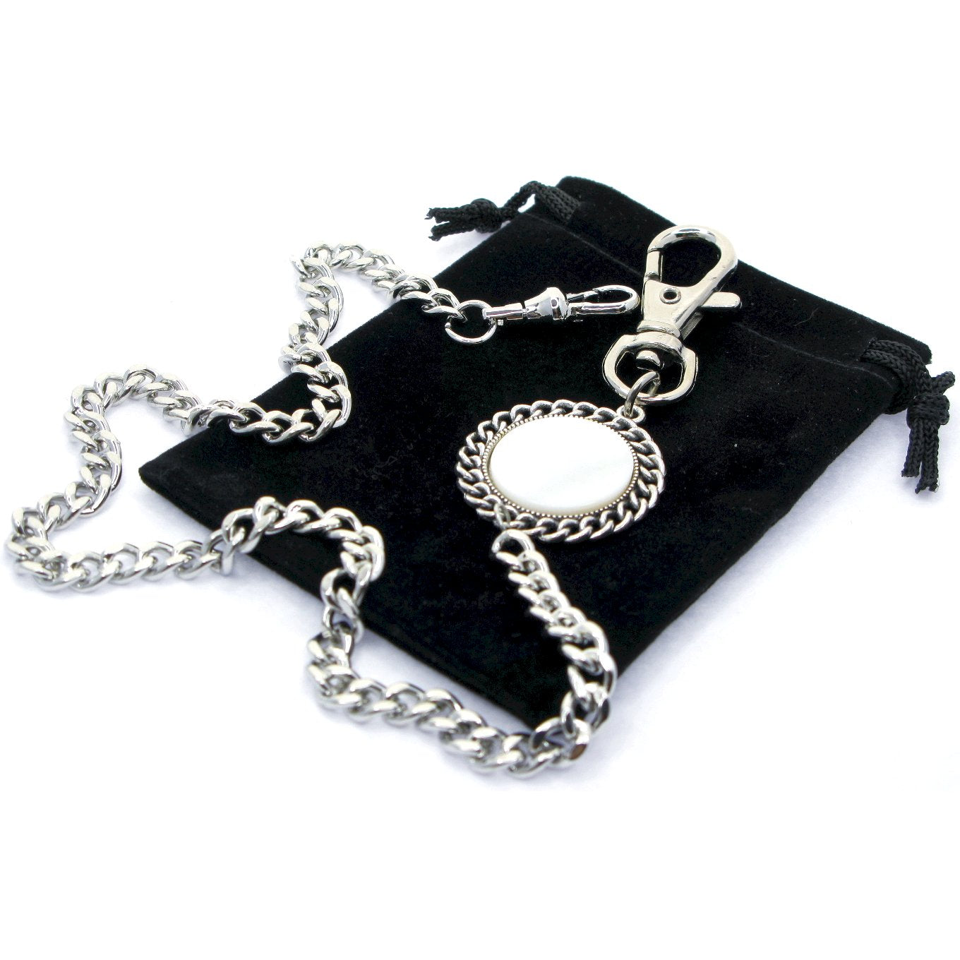 Pocket Watch Chain Silver Color Albert Chain for Men with Real Mother of Pearl Charm Fob and Large Lobster Clasp Swivel Clasp ACF168