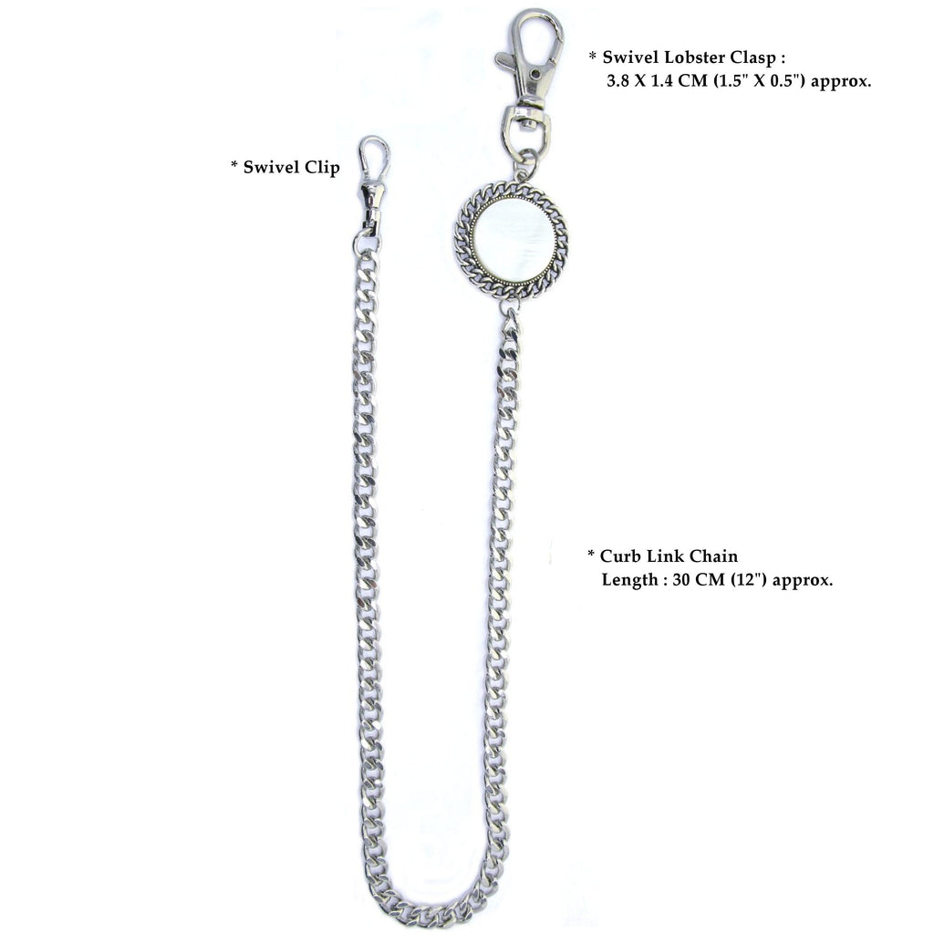Pocket Watch Chain Silver Color Albert Chain for Men with Real Mother of Pearl Charm Fob and Large Lobster Clasp Swivel Clasp ACF168