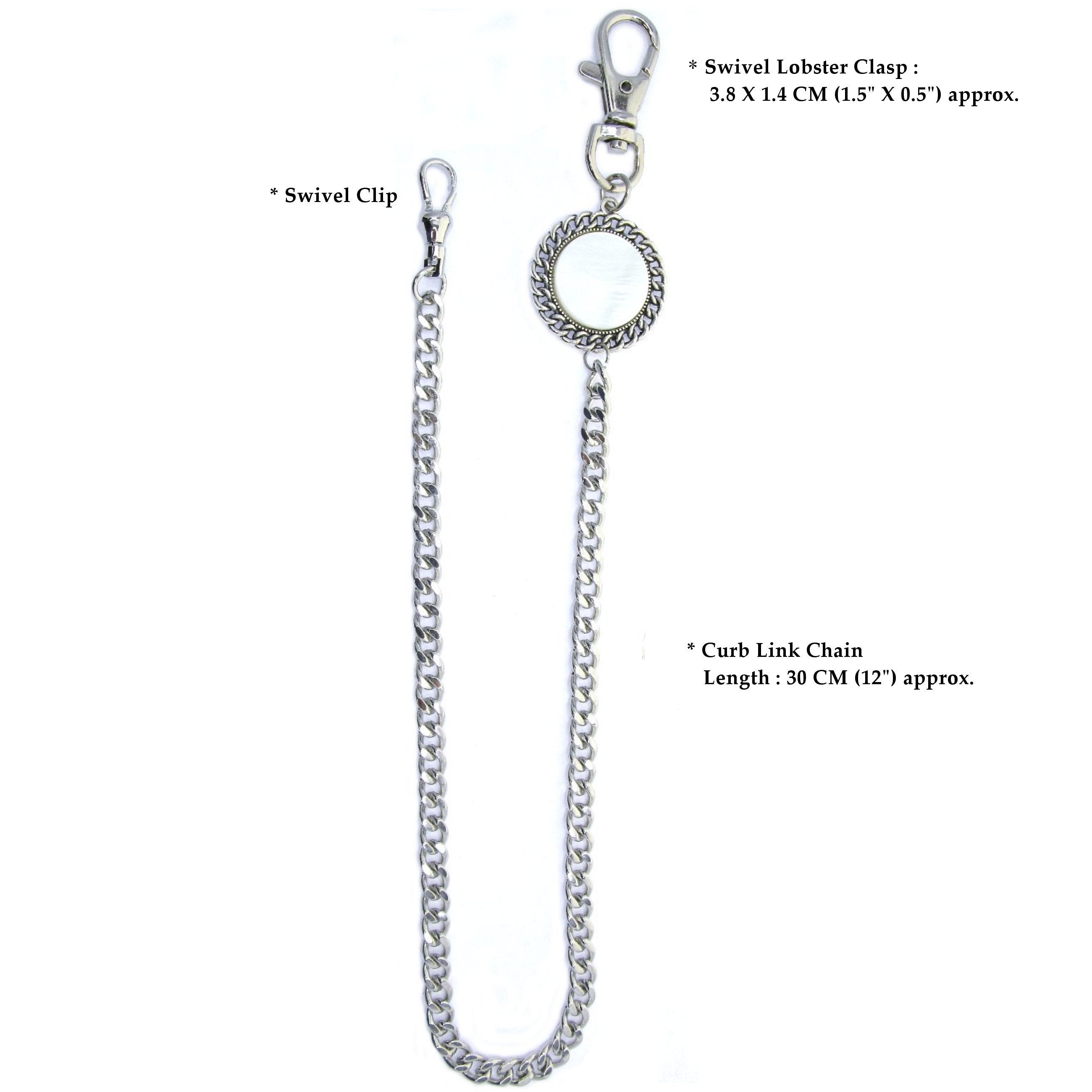 Pocket Watch Chain Silver Color Albert Chain for Men with Real Mother of Pearl Charm Fob and Large Lobster Clasp Swivel Clasp ACF168