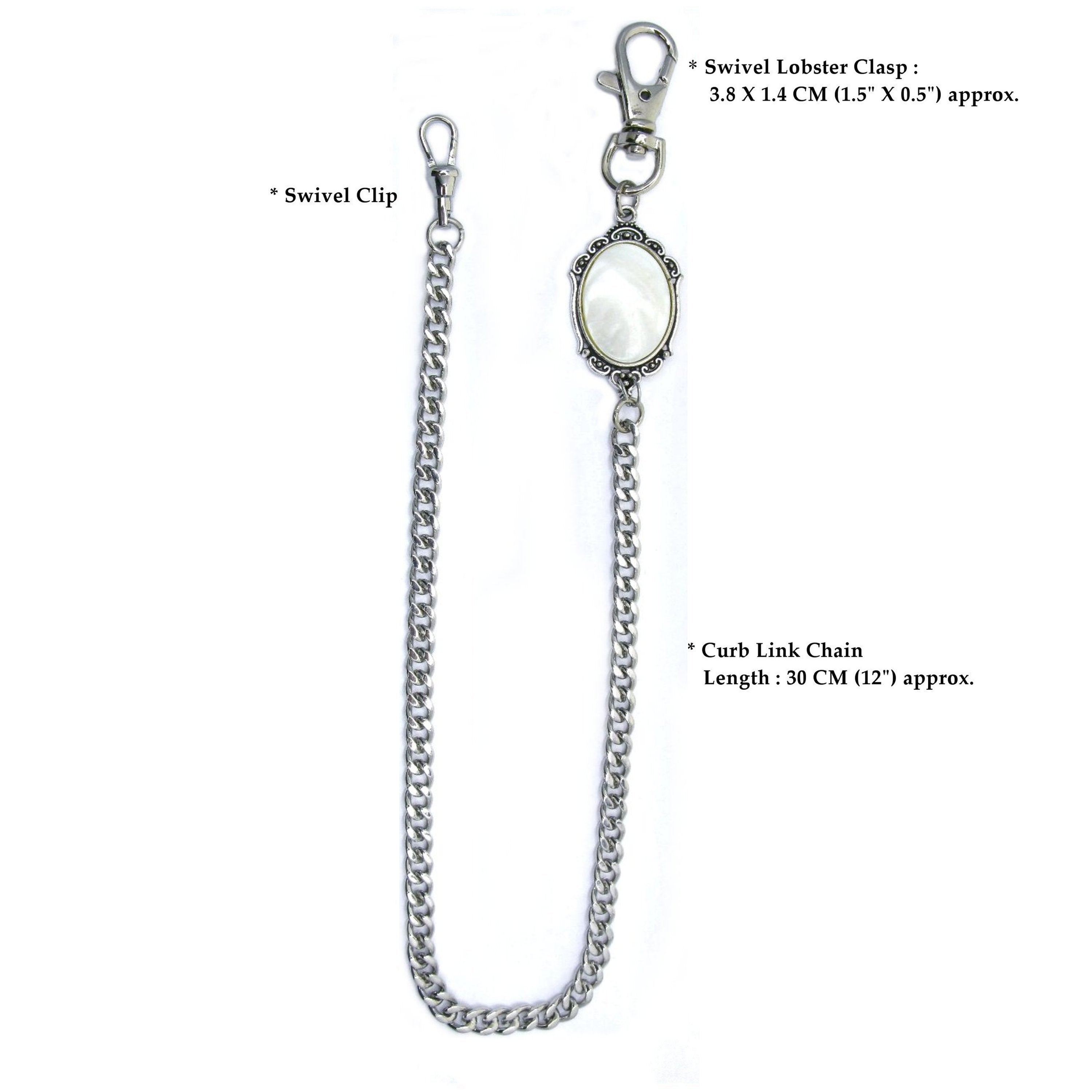 Pocket Watch Chain Silver Color Albert Chain for Men with Real Mother of Pearl Charm Fob and Large Lobster Clasp Swivel Clasp ACF170