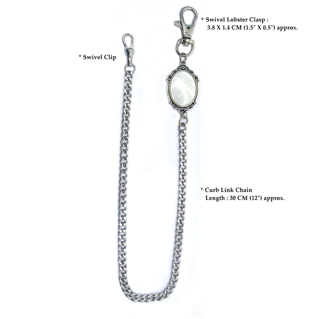 Silver Color Pocket Watch Chain with Real Mother of Pearl Fob and Swivel Lobster Clasp ACF170A