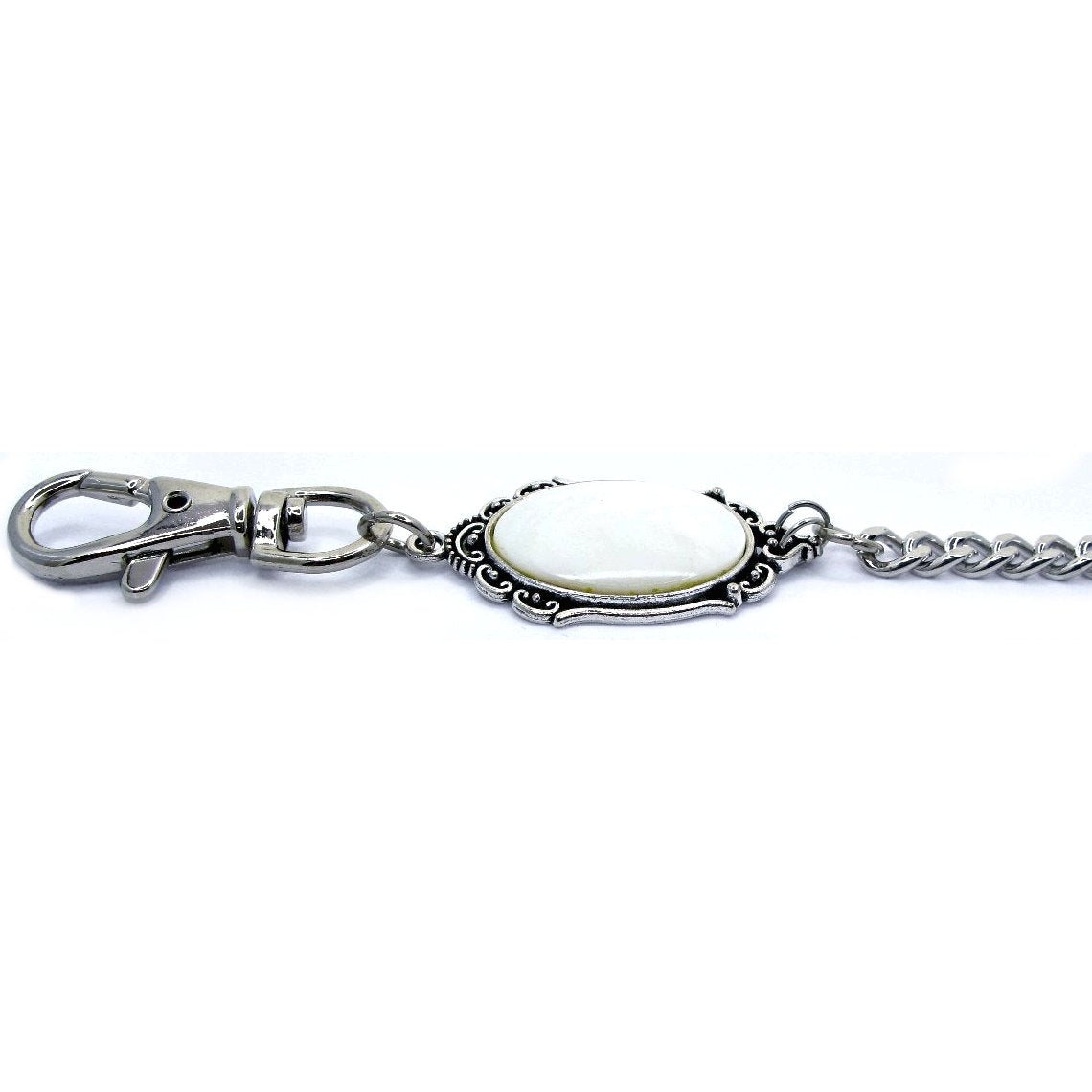 Pocket Watch Chain Silver Color Albert Chain for Men with Real Mother of Pearl Charm Fob and Large Lobster Clasp Swivel Clasp ACF170