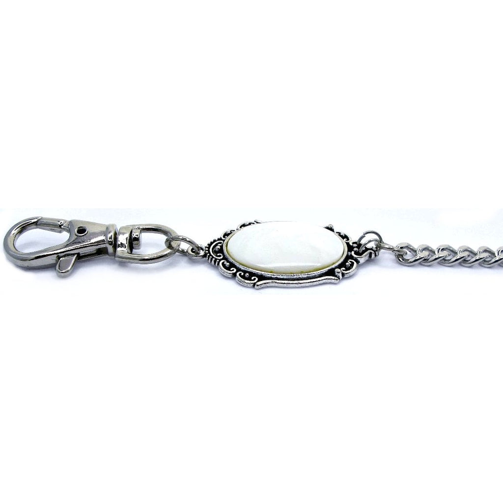 Silver Color Pocket Watch Chain with Real Mother of Pearl Fob and Swivel Lobster Clasp ACF170A