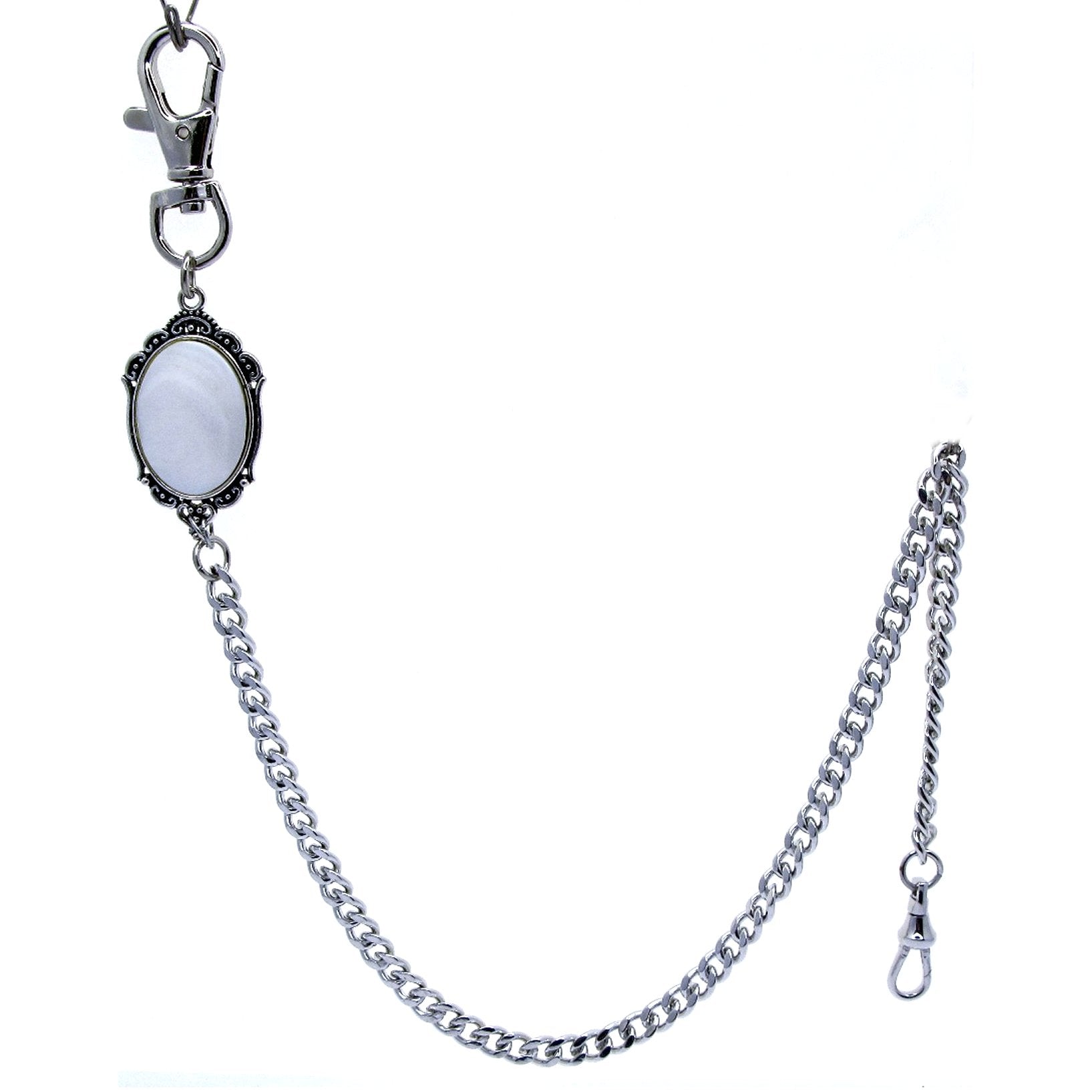 Pocket Watch Chain Silver Color Albert Chain for Men with Real Mother of Pearl Charm Fob and Large Lobster Clasp Swivel Clasp ACF170