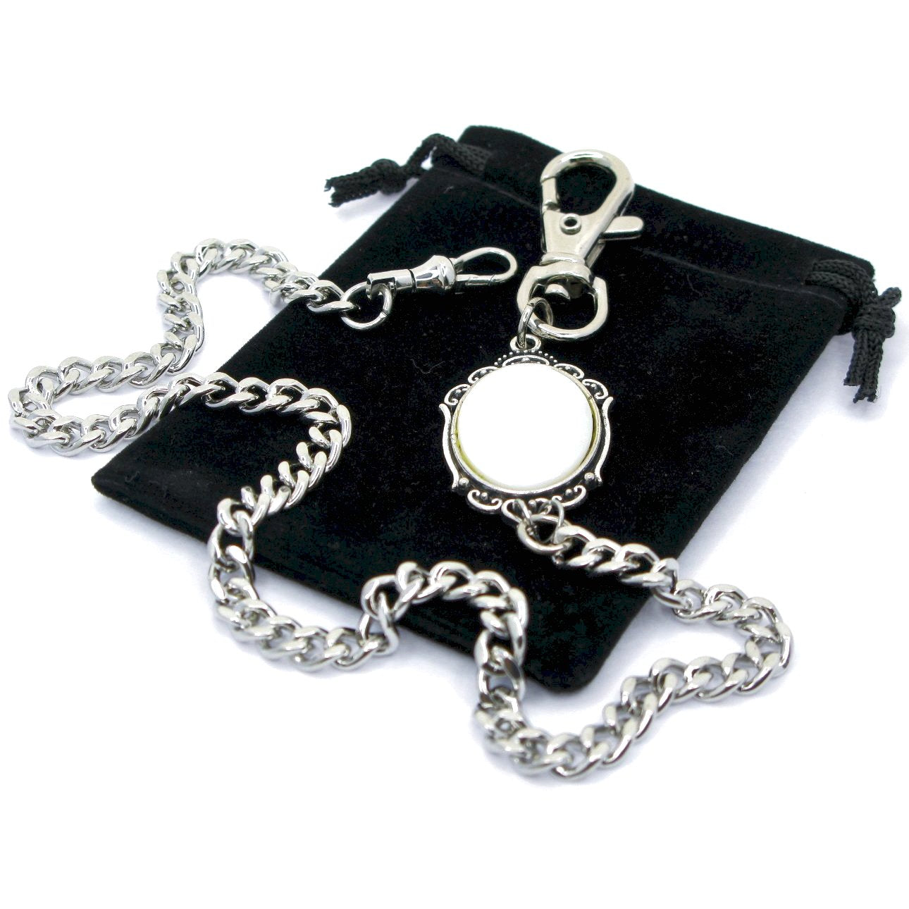 Pocket Watch Chain Silver Color Albert Chain for Men with Real Mother of Pearl Charm Fob and Large Lobster Clasp Swivel Clasp ACF170
