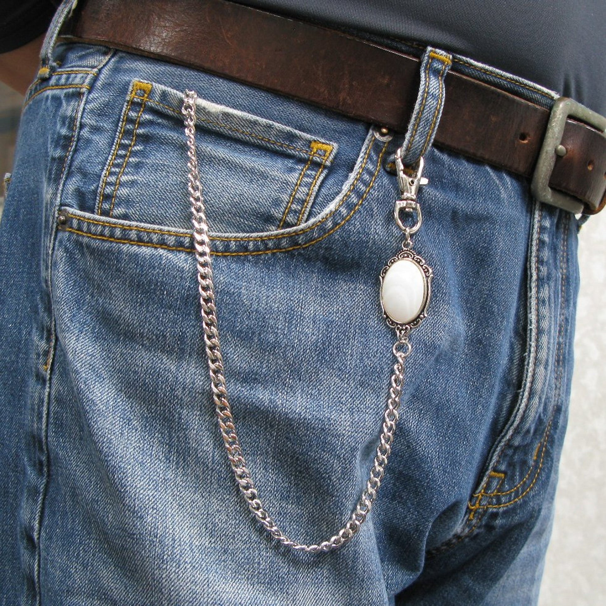 Pocket Watch Chain Silver Color Albert Chain for Men with Real Mother of Pearl Charm Fob and Large Lobster Clasp Swivel Clasp ACF170