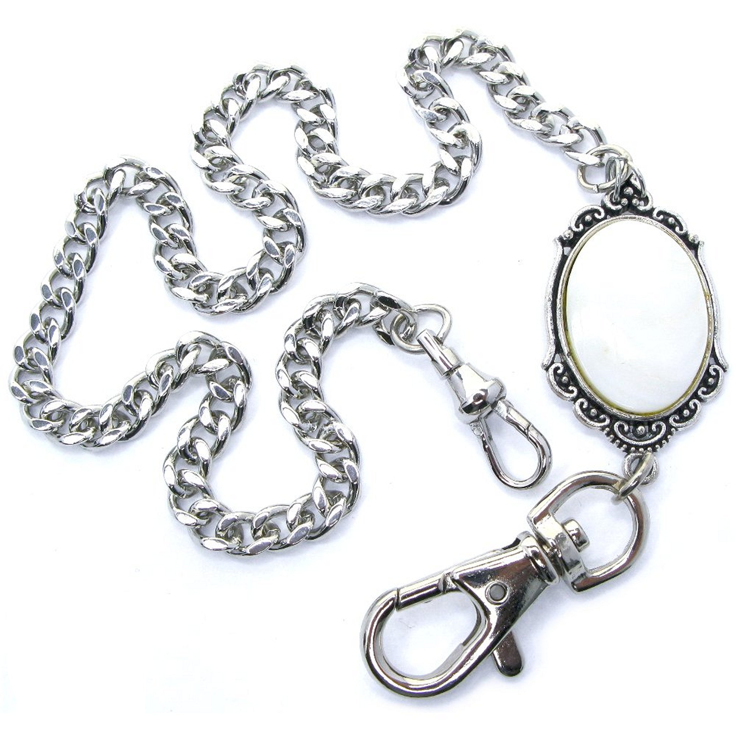 Pocket Watch Chain Silver Color Albert Chain for Men with Real Mother of Pearl Charm Fob and Large Lobster Clasp Swivel Clasp ACF170