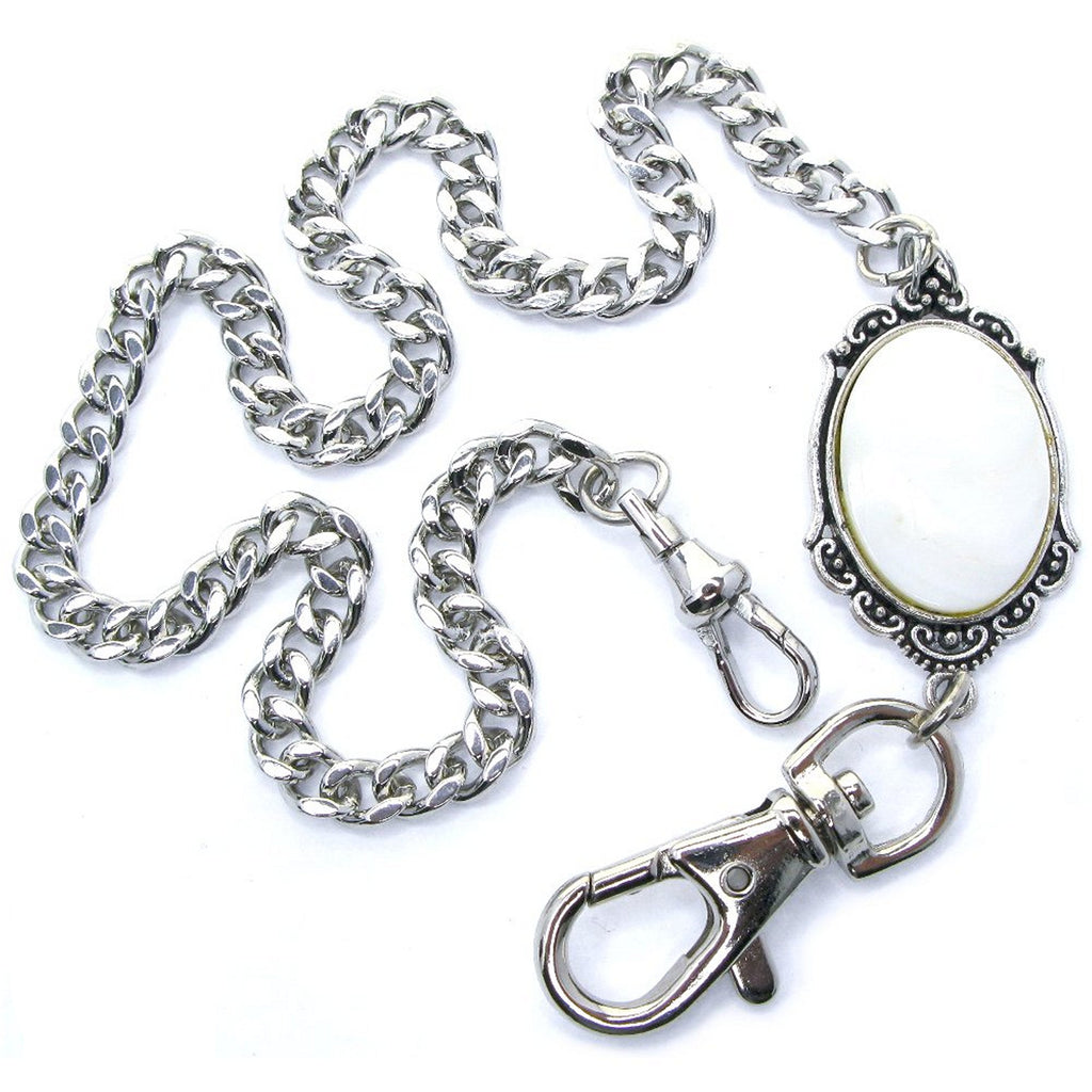 Silver Pocket Watch Chain with MOP Fob & Lobster Clasp