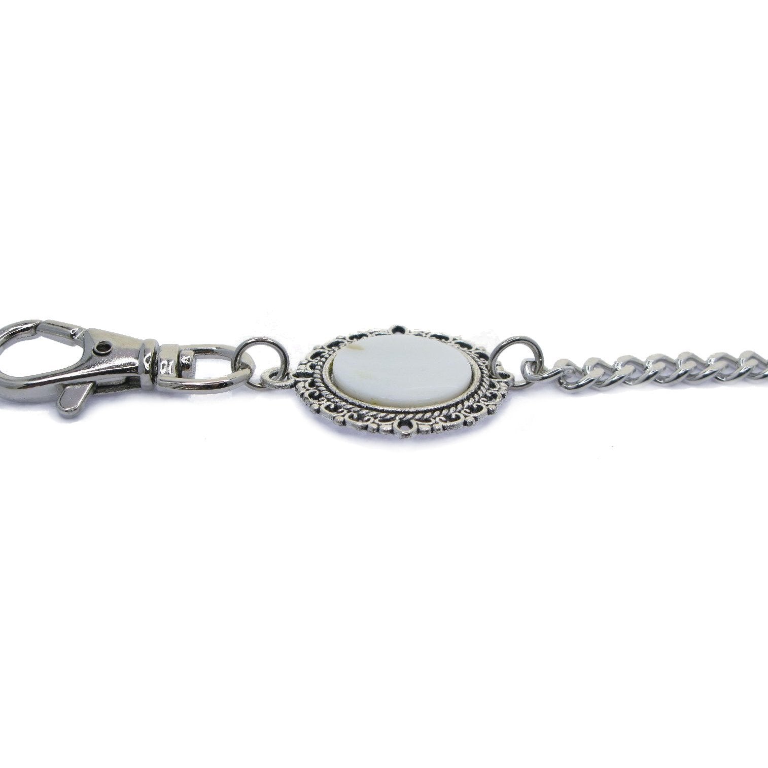 Pocket Watch Chain Silver Color Albert Chain for Men with Real Mother of Pearl Charm Fob and Large Lobster Clasp Swivel Clasp ACF171