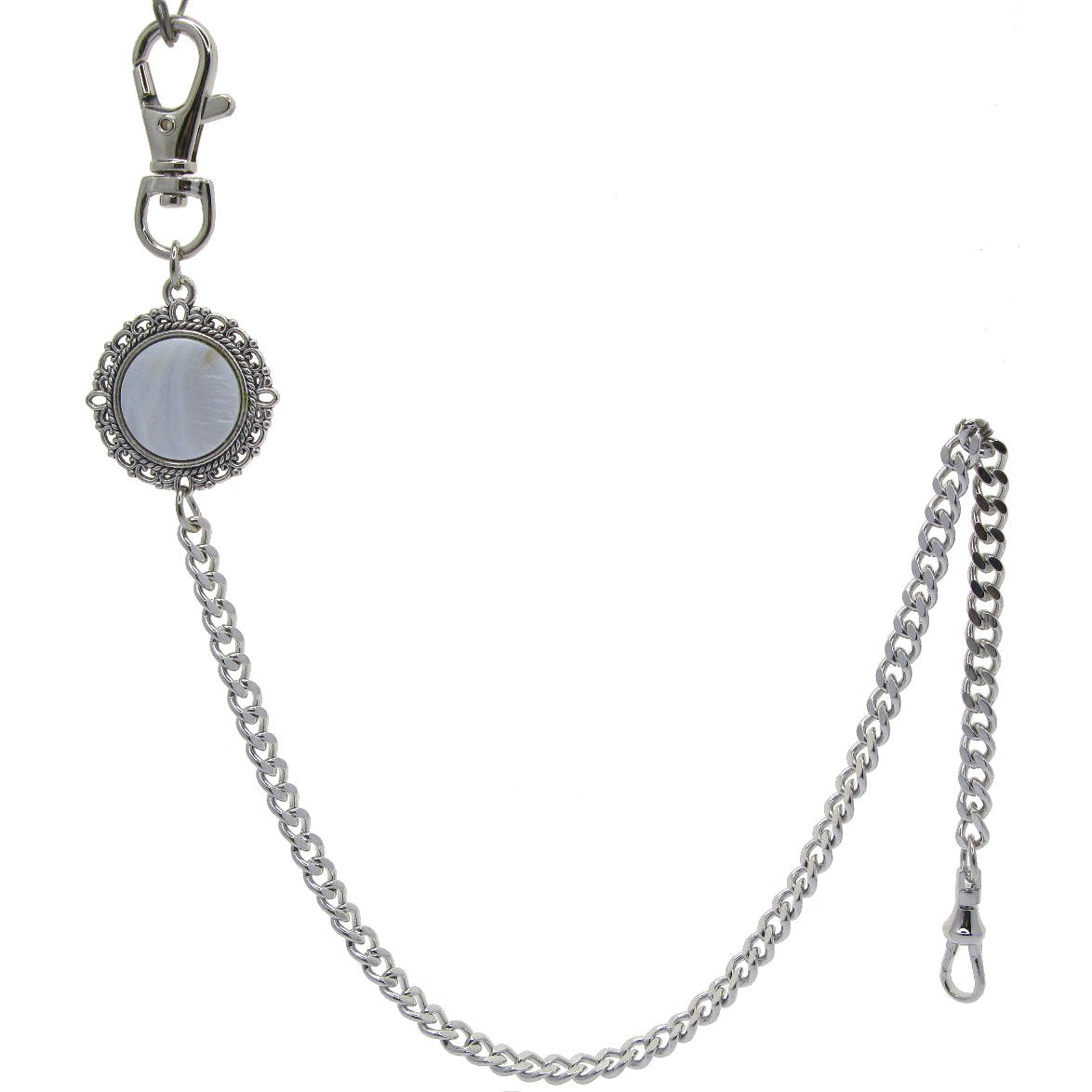 Pocket Watch Chain Silver Color Albert Chain with Real Mother of Pearl Charm FobACF171